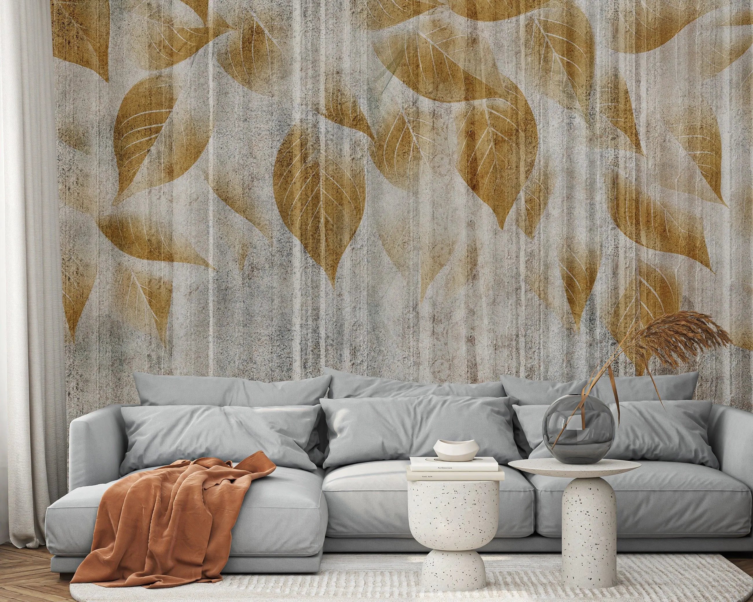 Billede 3 af Fototapet - Brune blade på tekstureret grå baggrund