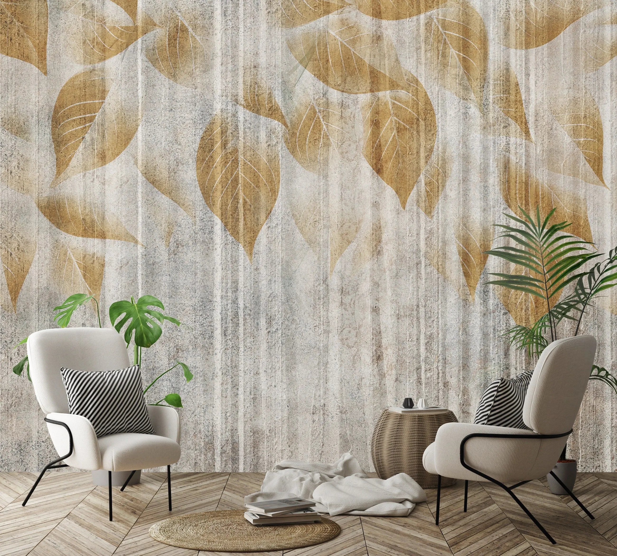 Billede 4 af Fototapet - Brune blade på tekstureret grå baggrund