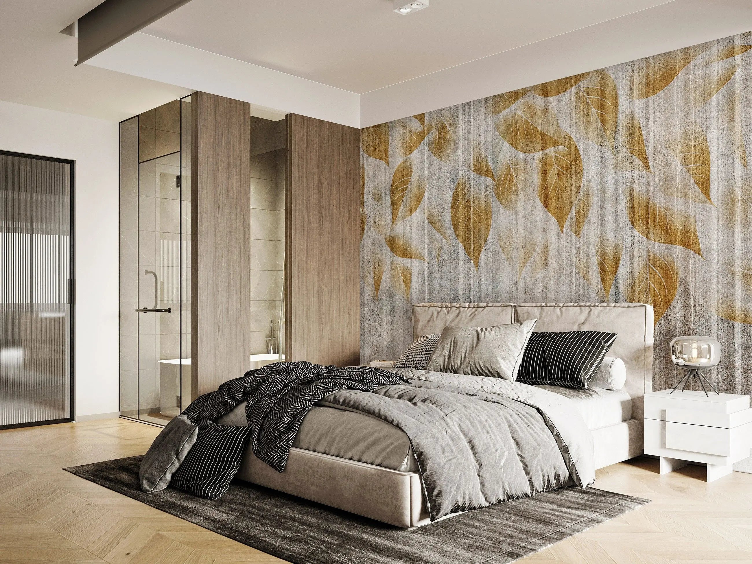 Billede 5 af Fototapet - Brune blade på tekstureret grå baggrund