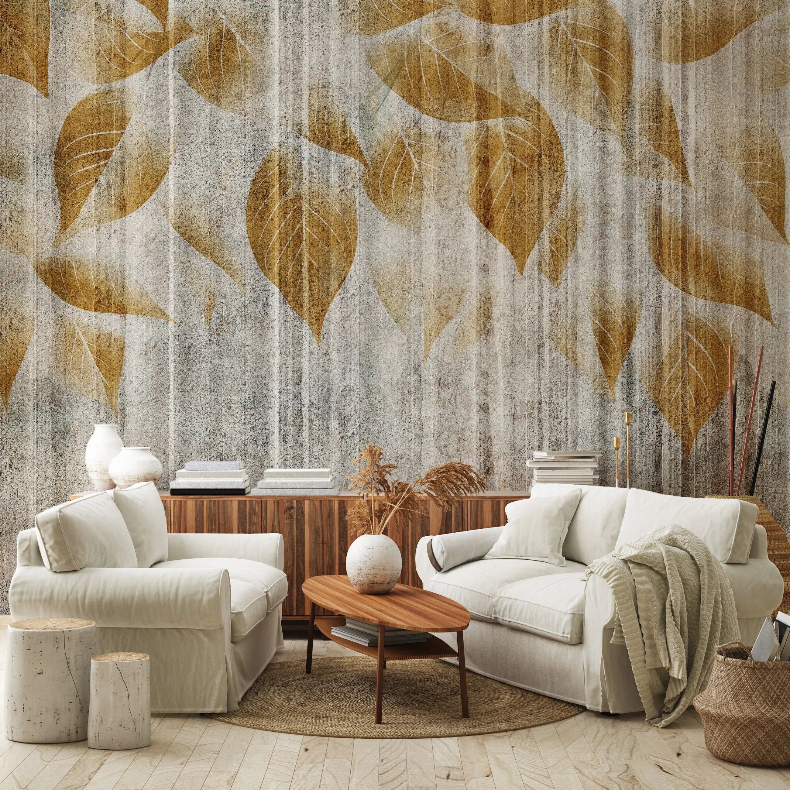 Billede 6 af Fototapet - Brune blade på tekstureret grå baggrund