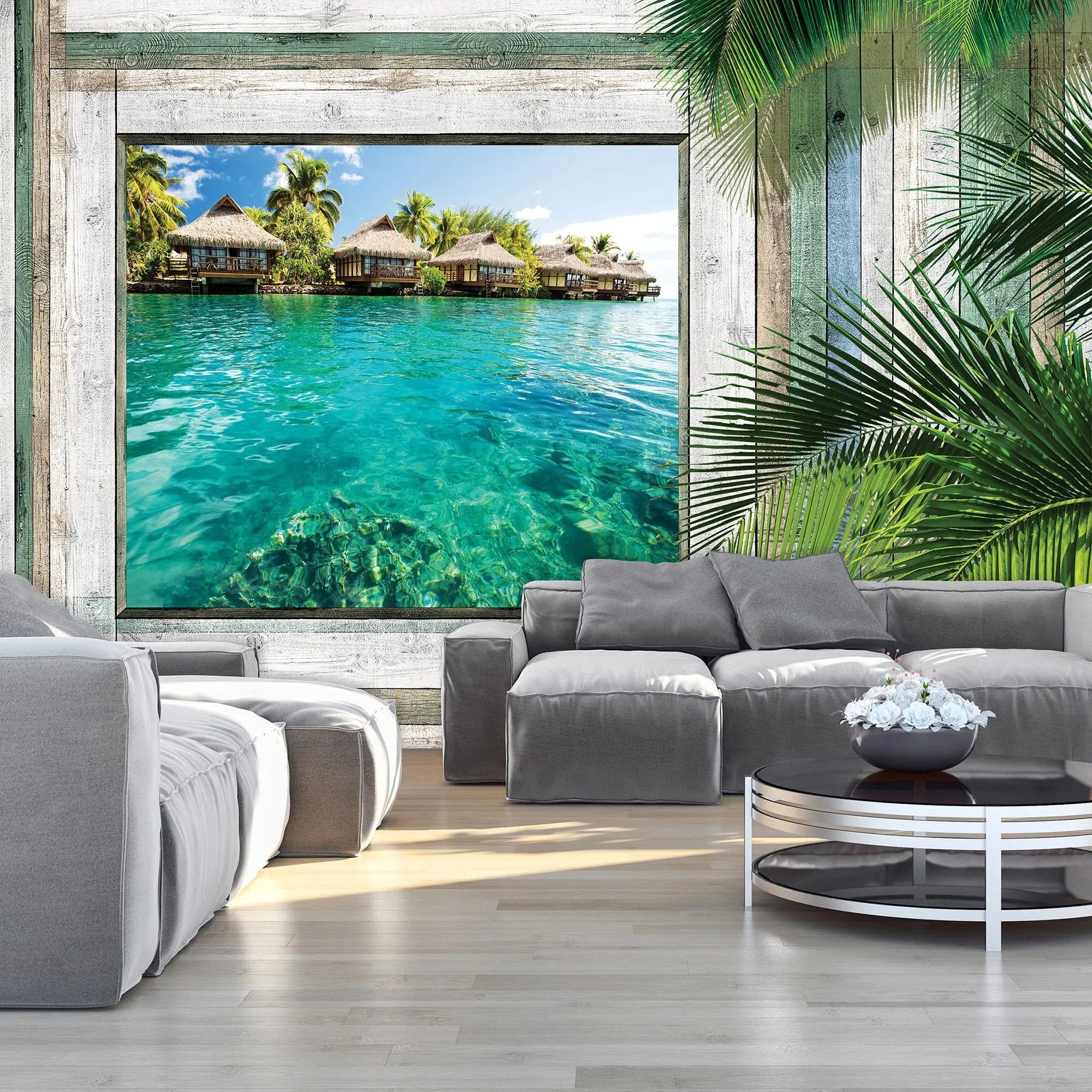 Billede 3 af Fototapet - Bungalows over Blå Lagune med Træramme og Palmeblade