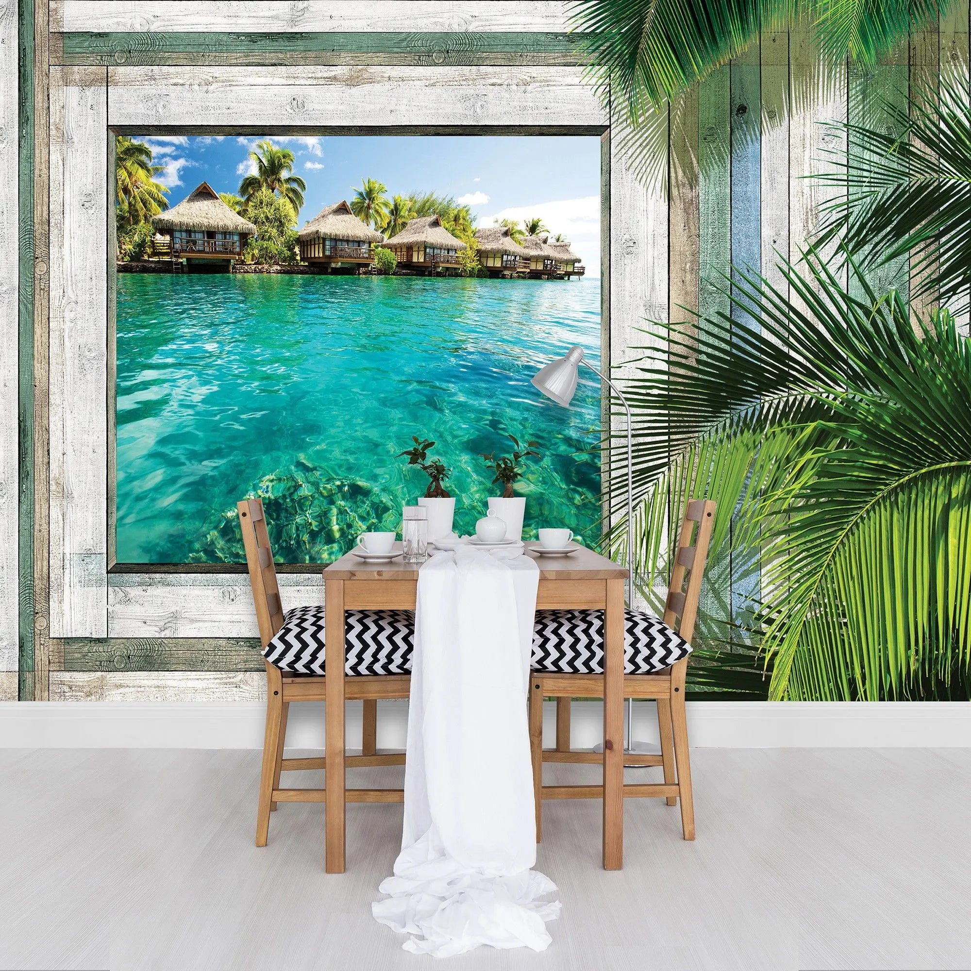 Billede 4 af Fototapet - Bungalows over Blå Lagune med Træramme og Palmeblade