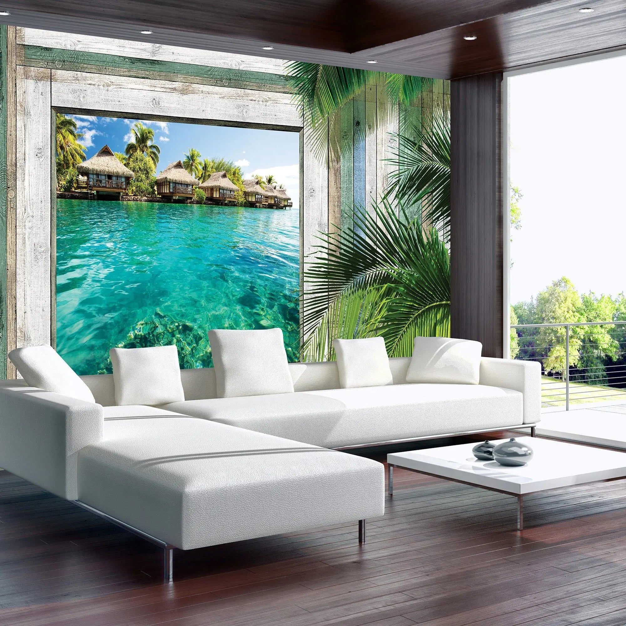 Billede 5 af Fototapet - Bungalows over Blå Lagune med Træramme og Palmeblade