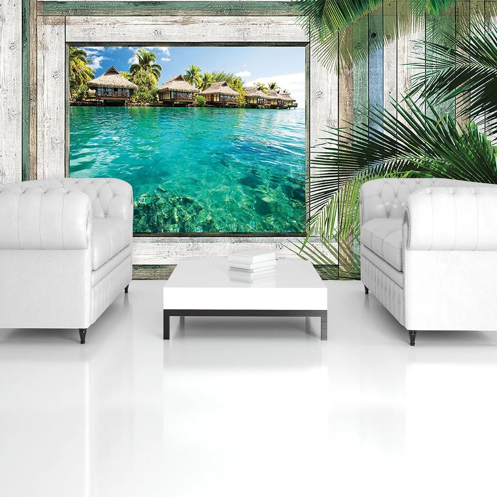 Billede 6 af Fototapet - Bungalows over Blå Lagune med Træramme og Palmeblade