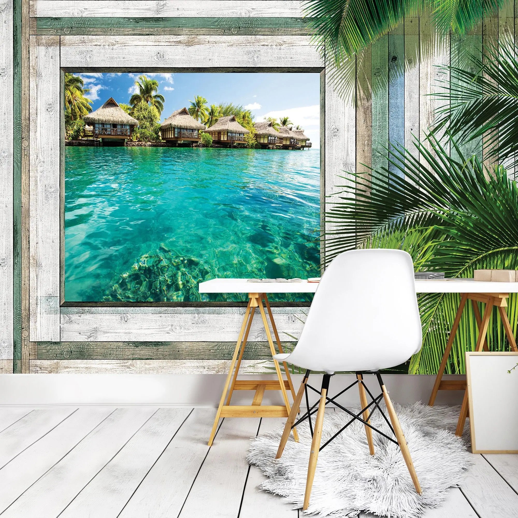Billede 7 af Fototapet - Bungalows over Blå Lagune med Træramme og Palmeblade