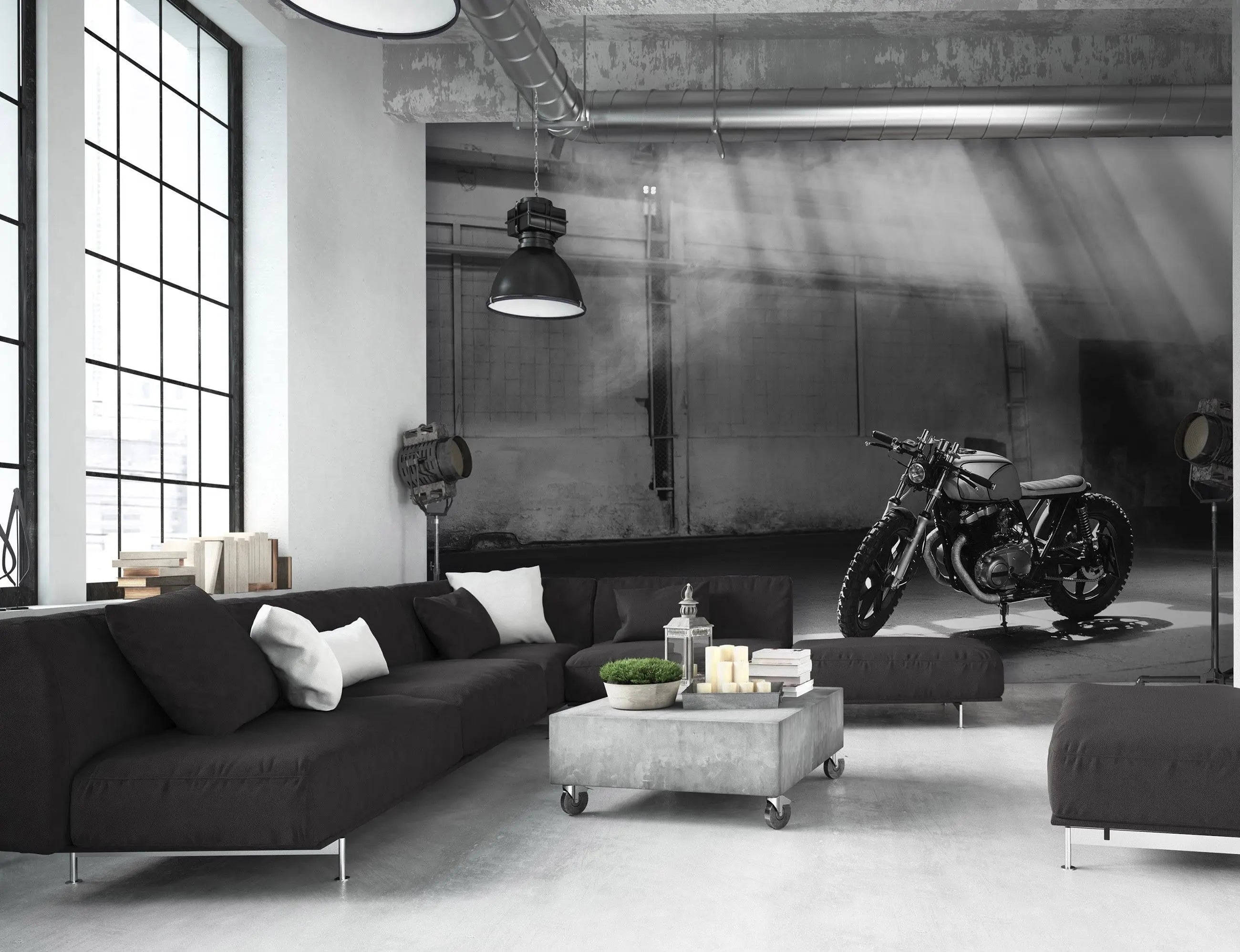 Billede 10 af Fototapet - Café racer motorcykel i solstråler i industriel hal