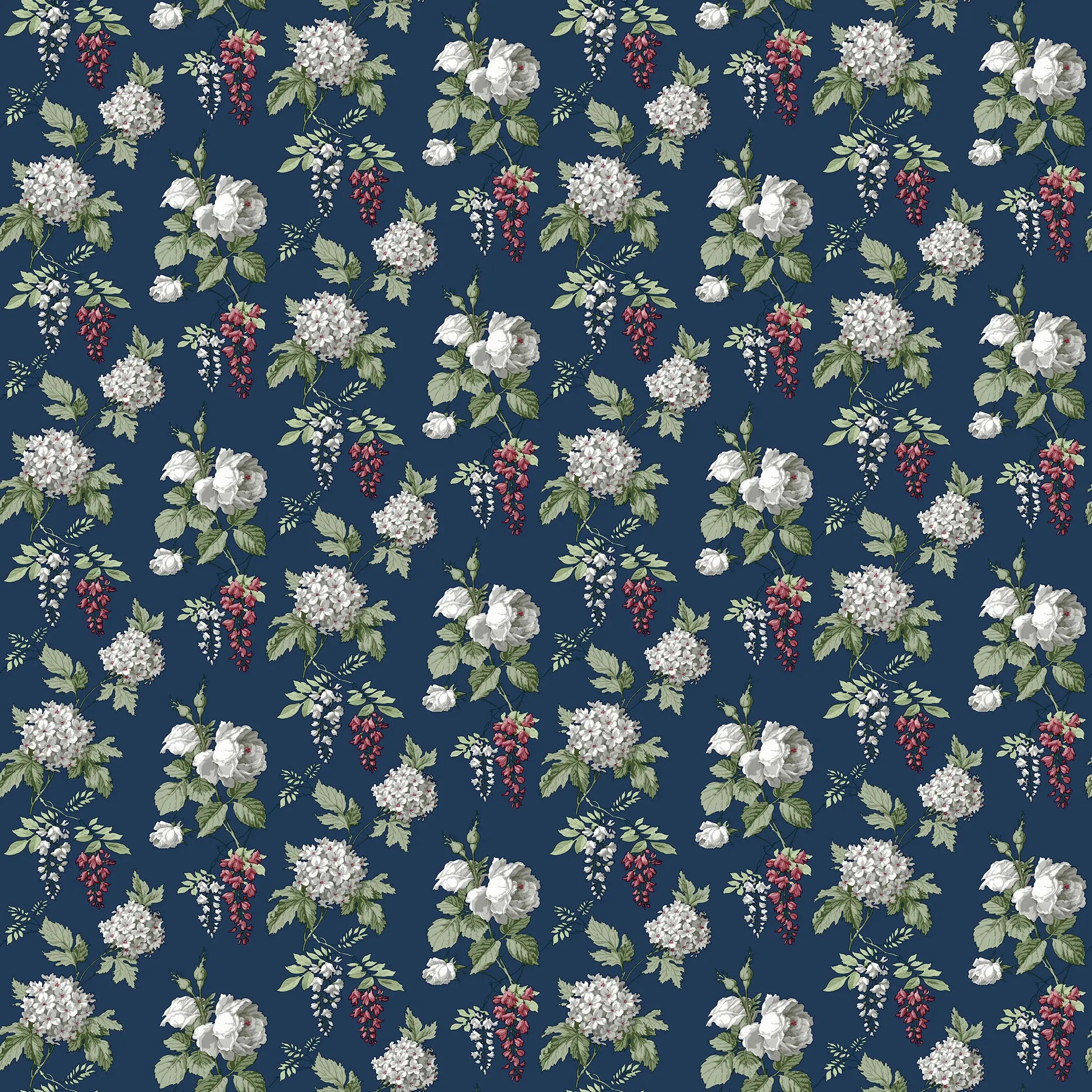 Mønsterbillede af Cascade of Blooms - Midnight Blossom tapet med blomster og bærdesign på en mørk baggrund.