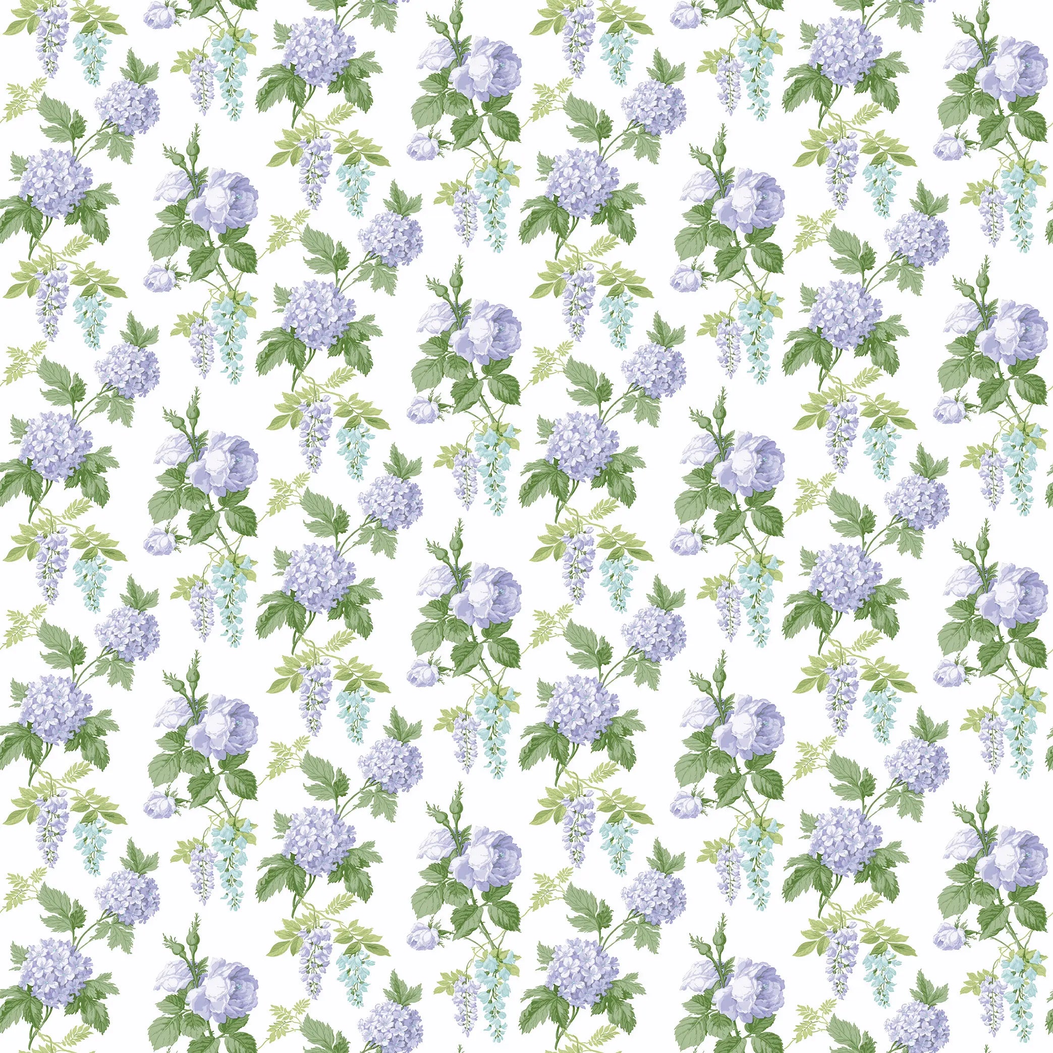 Detaljeret billede af Cascade of Blooms - Serene Lavender tapet fra Nicetapet.dk. Mønsteret viser sarte lavendelblomster og grønne blade på en hvid baggrund.