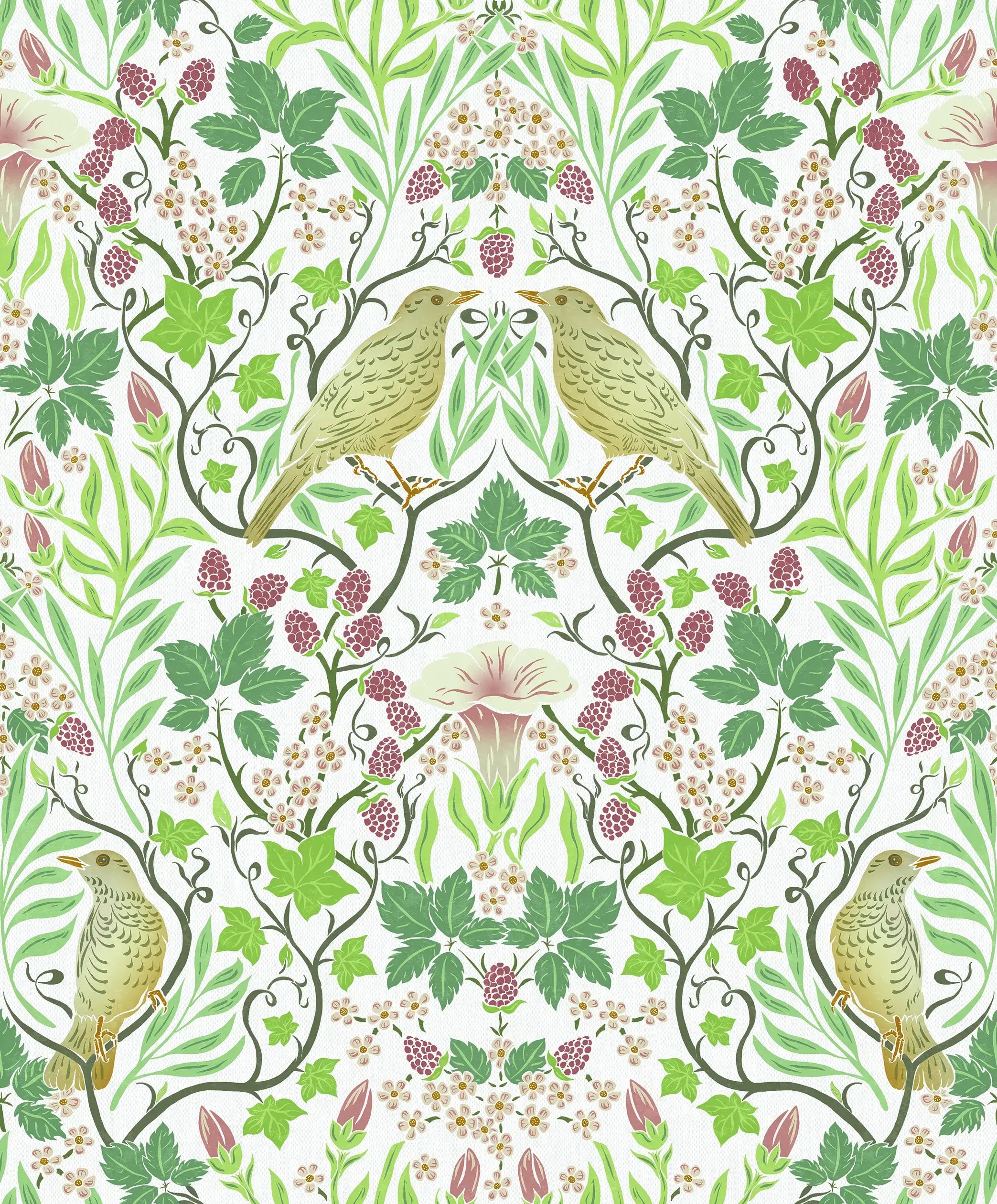 Detaljeret billede af Chambord Aviary - Berry tapet med fugle og bær samt grønne blade på hvid baggrund.