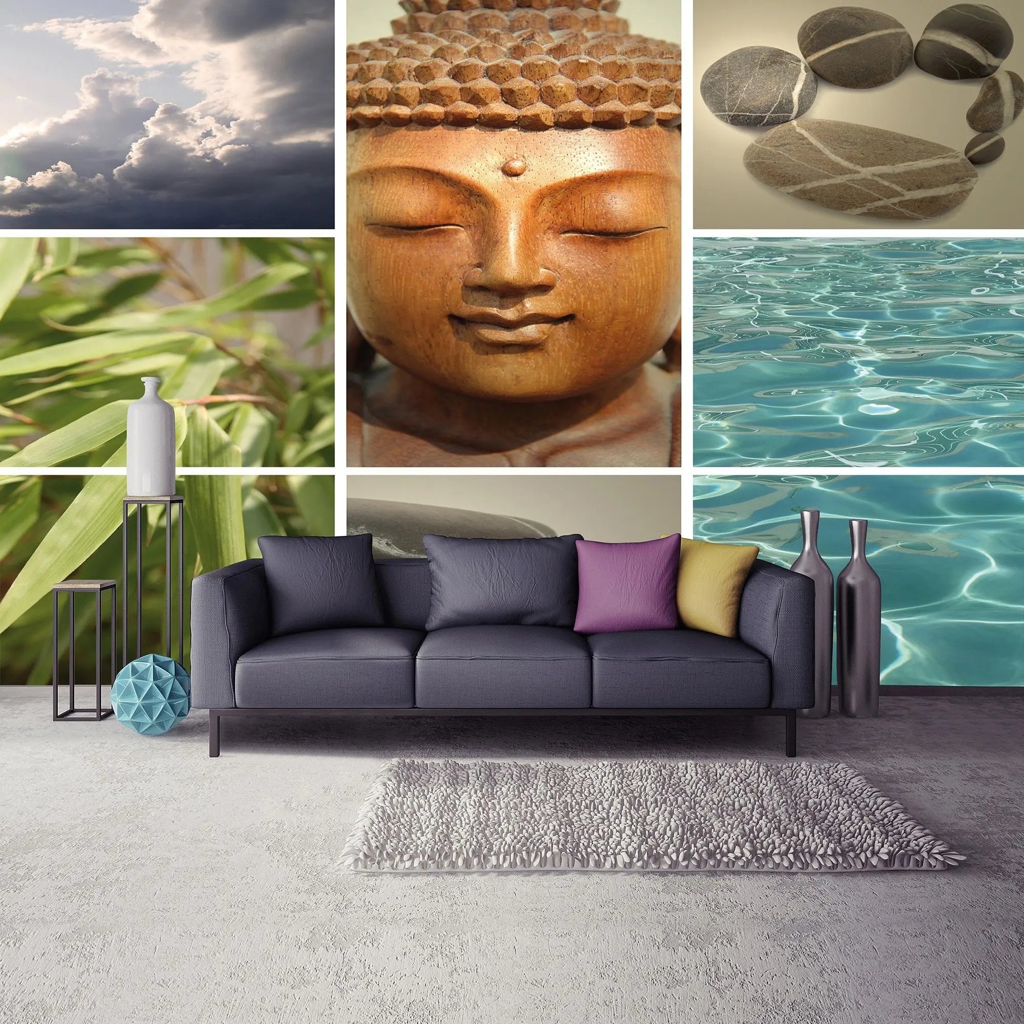 Billede 3 af Fototapet - Collage af skyer Buddha-buste bambus sten og vand