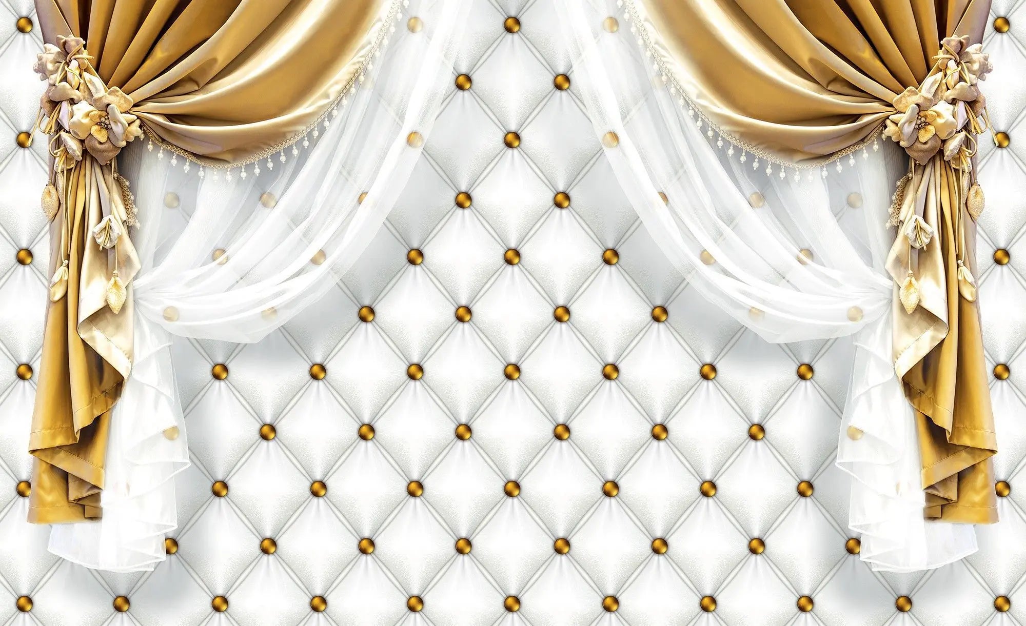 Billede 1 af Fototapet - Cremefarvet polstret væg med gyldne gardiner og blomsterdekoration