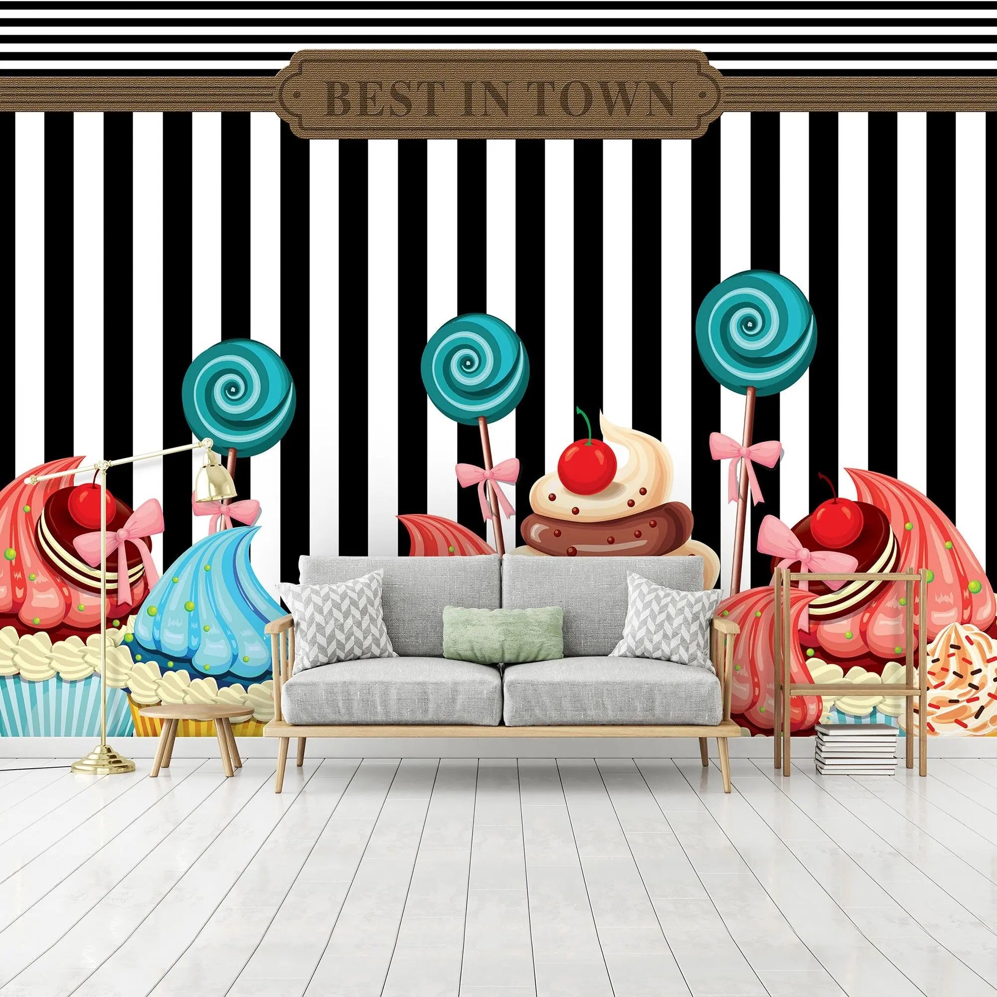 Billede 3 af Fototapet - Cupcakes med slikkepinde og kirsebær på sort-hvid stribet baggrund