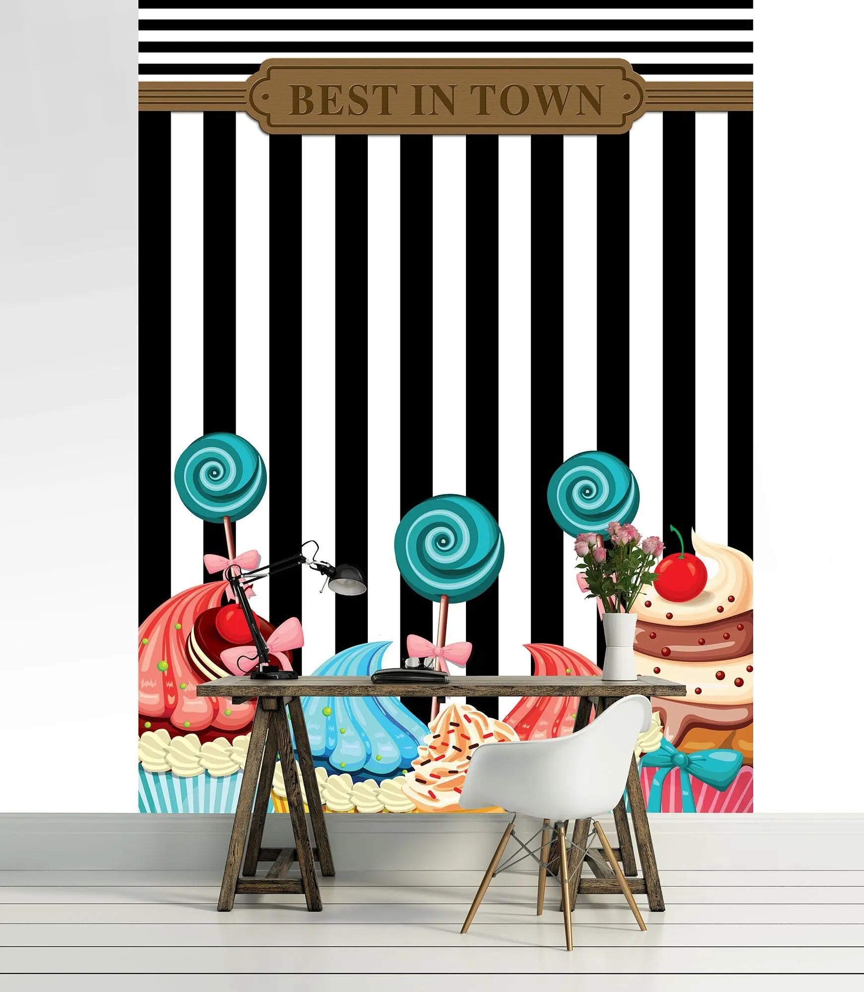 Billede 7 af Fototapet - Cupcakes med slikkepinde og kirsebær på sort-hvid stribet baggrund