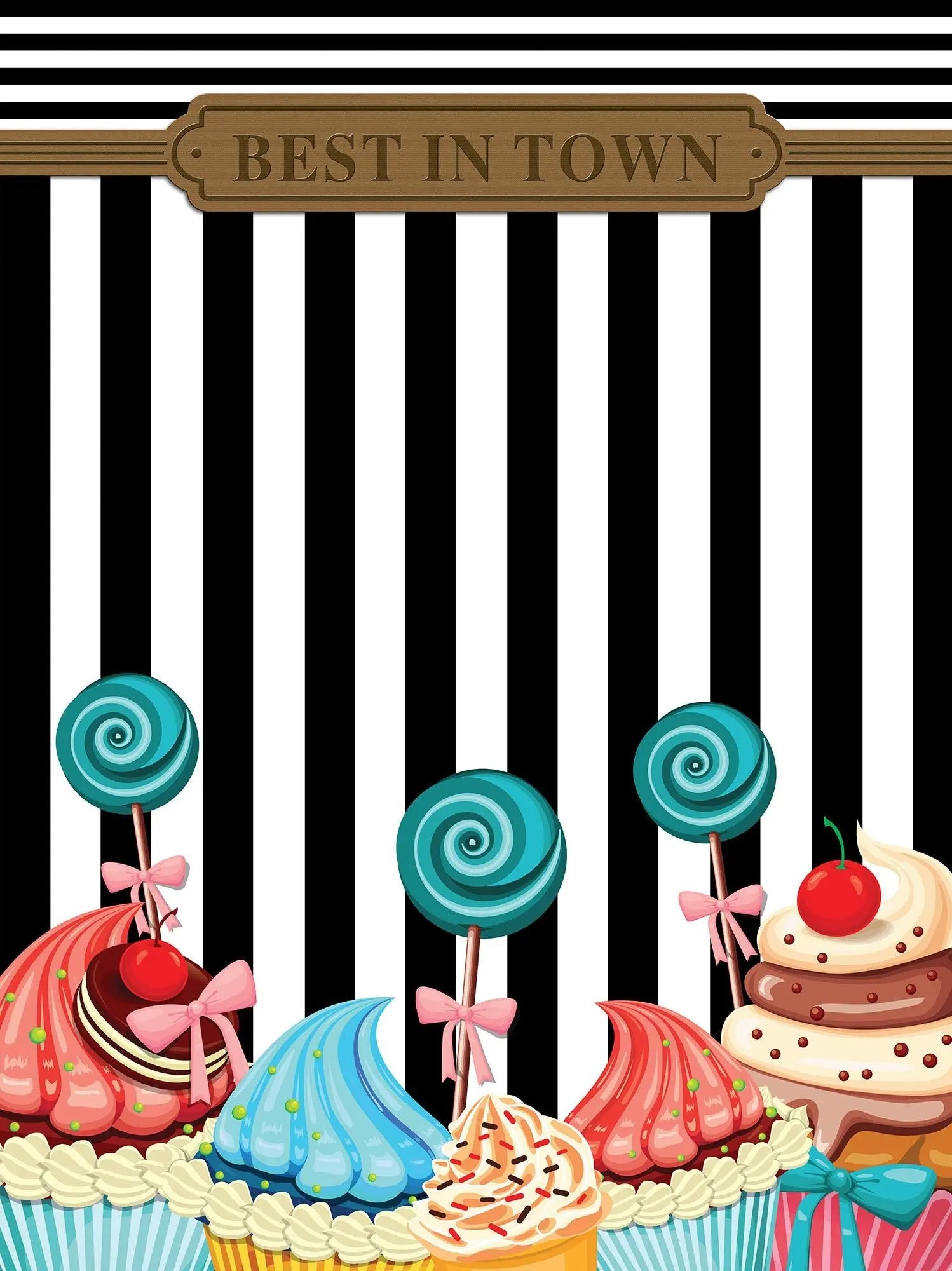 Billede 9 af Fototapet - Cupcakes med slikkepinde og kirsebær på sort-hvid stribet baggrund