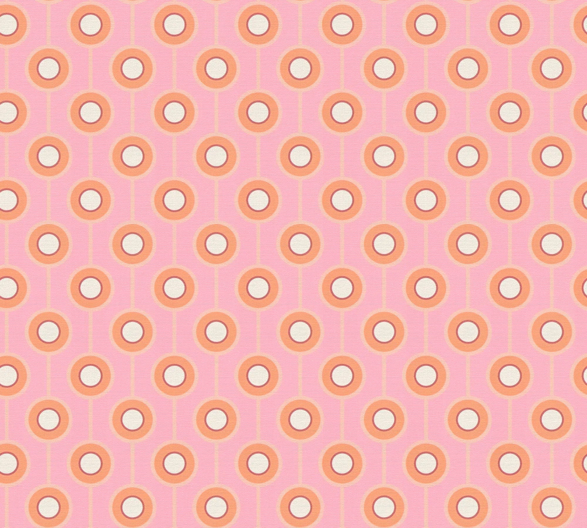 Illustration af Cynthia - Blush Pop tapet med et retro mønster af lyserøde cirkler og orange ringe.
