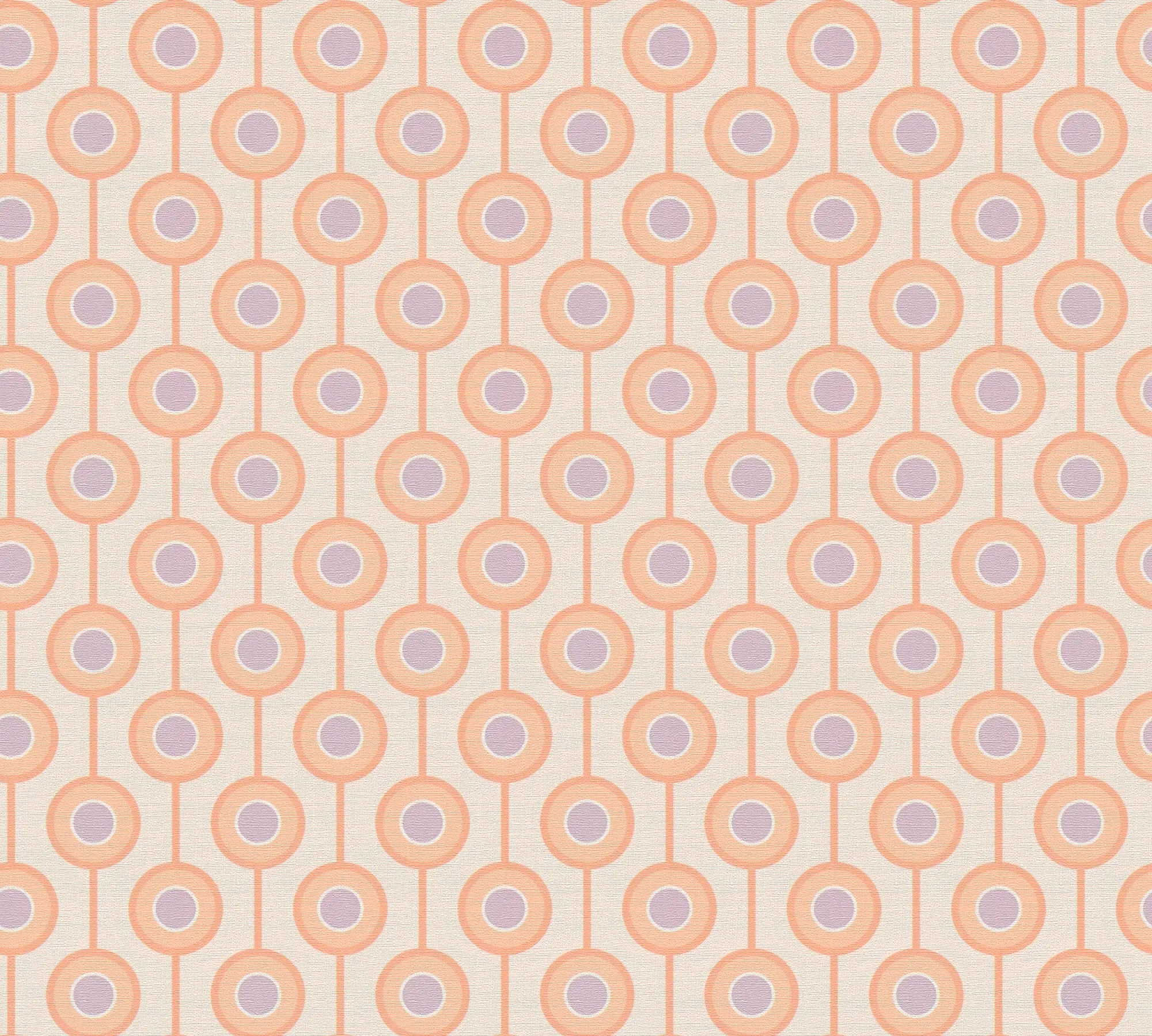 Cynthia - Creamy Peach tapet med geometrisk mønster af cirkler og linjer i fersken og lilla.