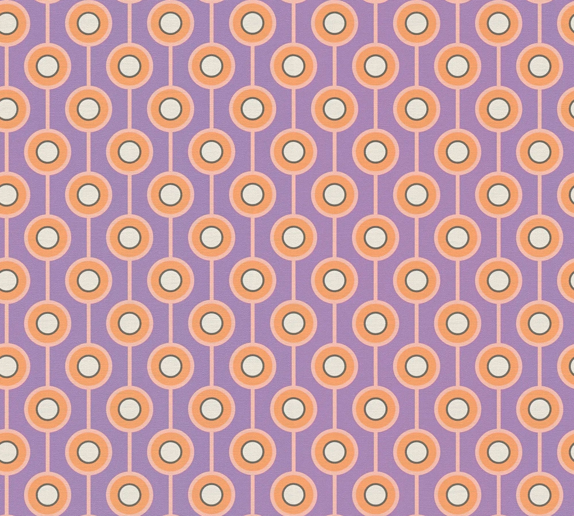 Cynthia - Lavender Groove tapet med lilla baggrund og orange cirkulær mønster.