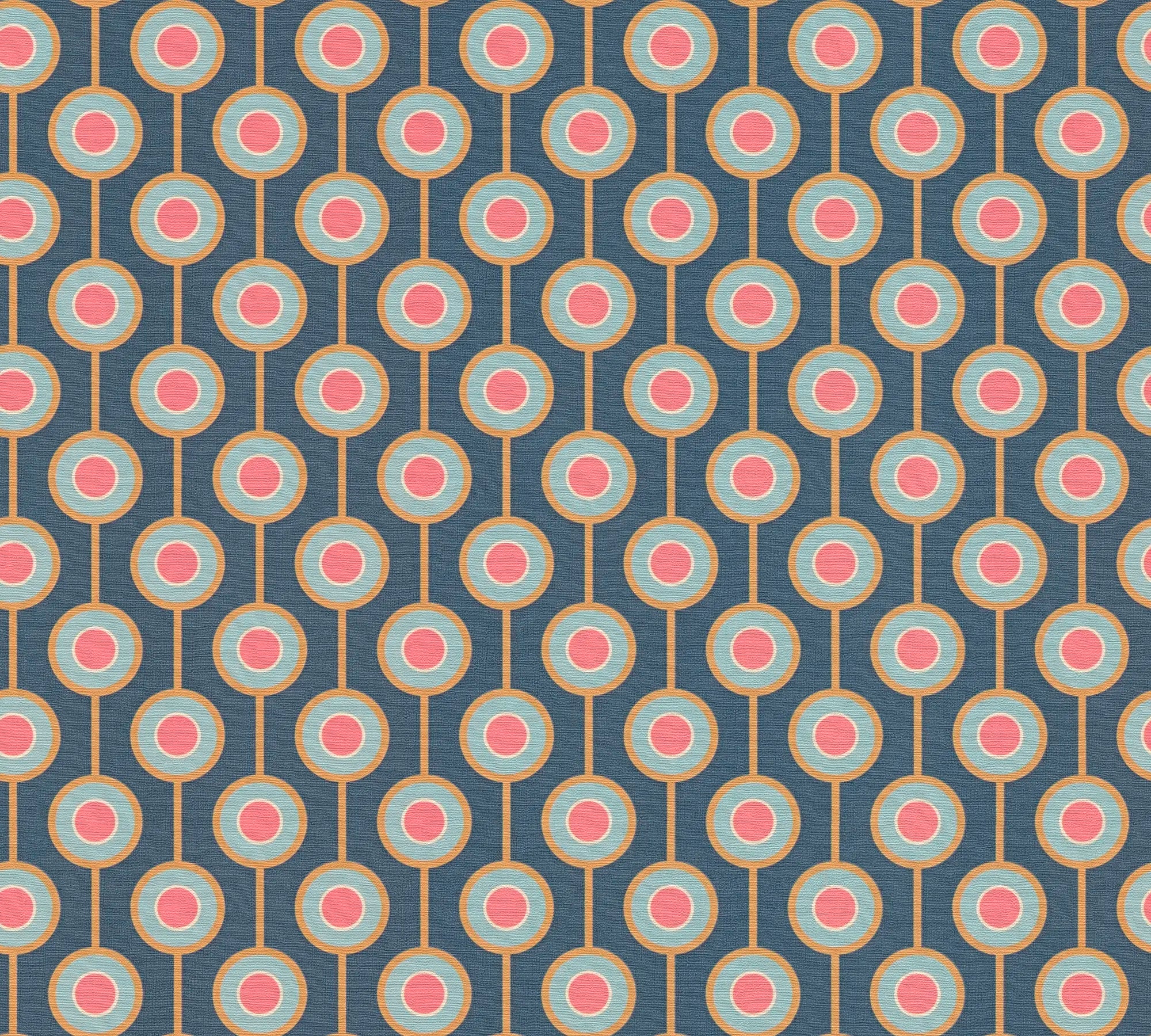 Detaljeret billede af Cynthia - Vintage Teal tapet med et repeterende cirkelmønster på en blå baggrund.