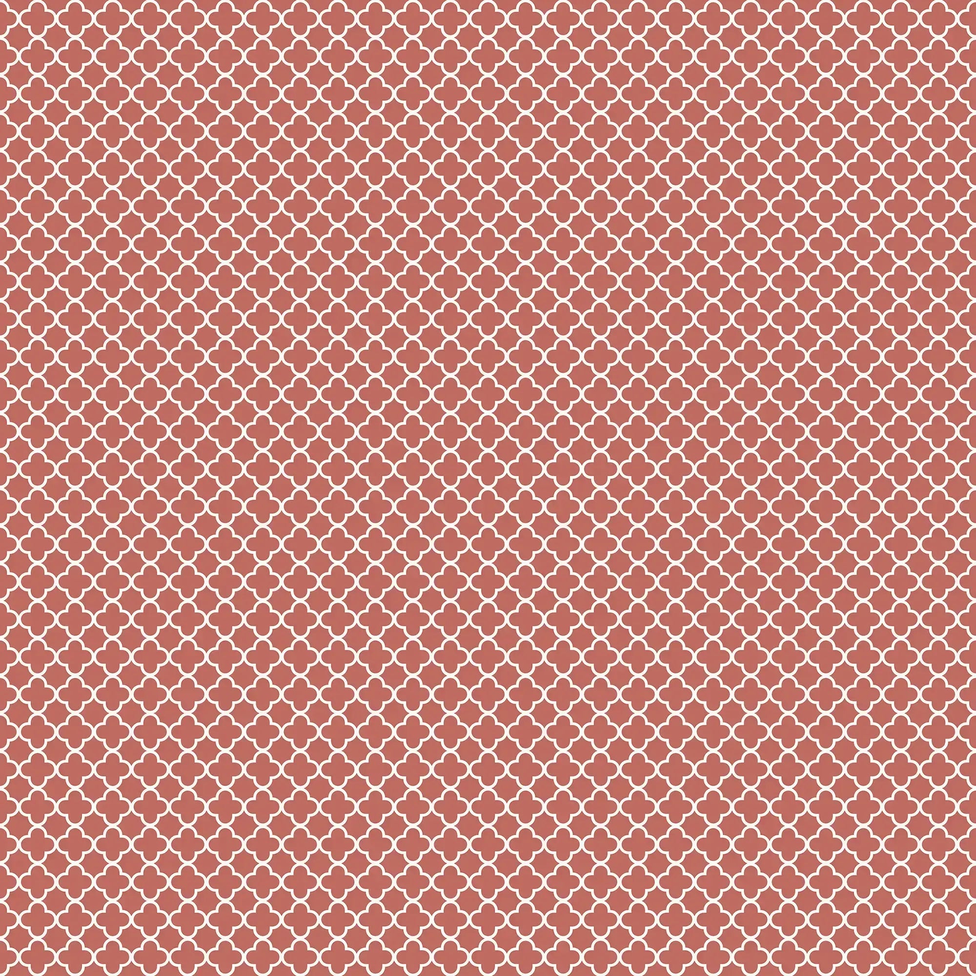 Tapetmønster for Delicate Quatrefoil - Terra med gentagende hvide kvadrifoil-elementer på en terrakotta baggrund.