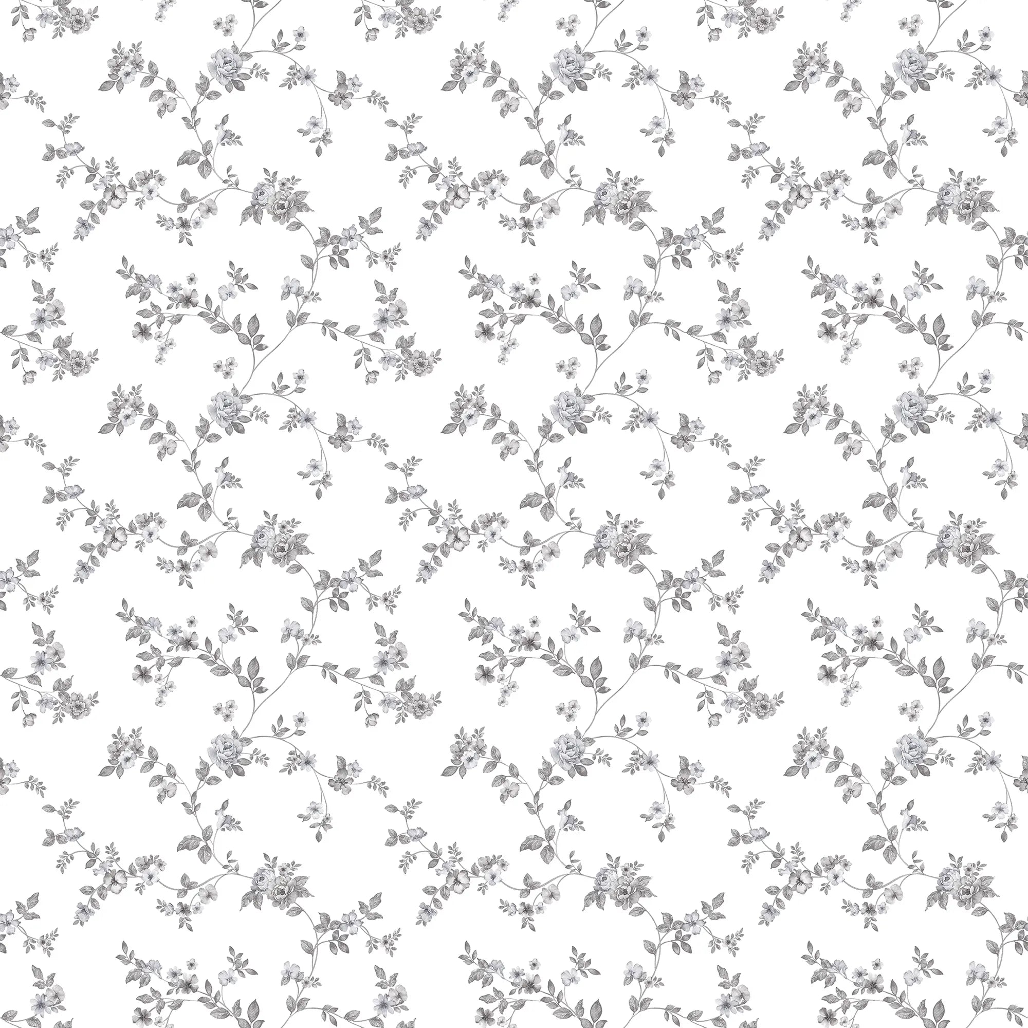 Detaljeret gråt blomstermønster på Delicate Tendrils - Gray tapet fra Nicetapet.dk, med små blomster og grene på en lys baggrund.