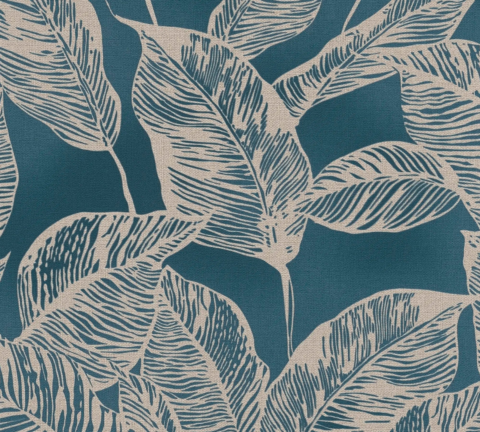 Nærbillede af det botaniske mønster på Botanical Breeze - Ocean Teal tapet, der viser hvide blade på en blågrøn baggrund.