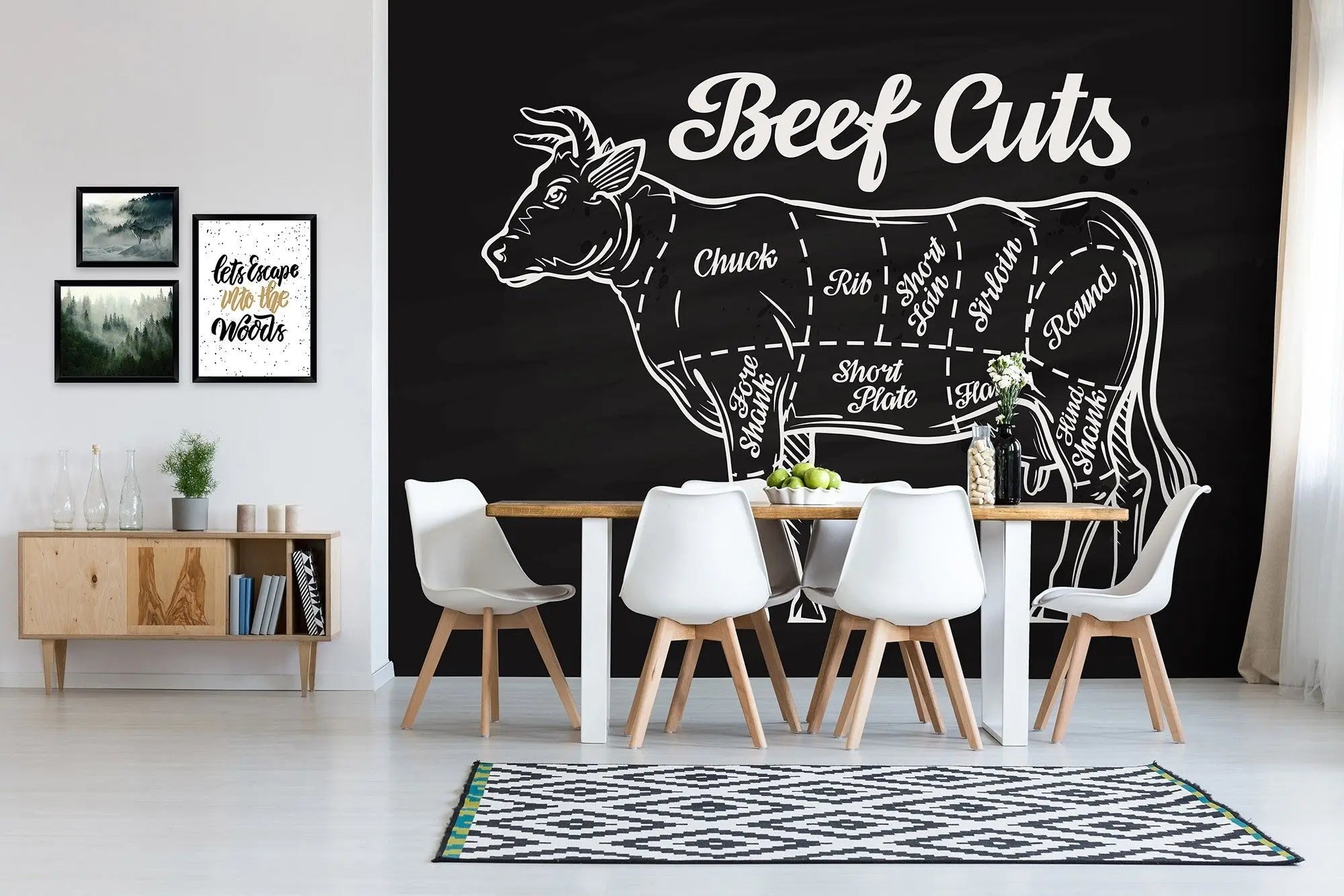 Billede 2 af Fototapet - Diagram af oksekødsudskæringer på sort baggrund