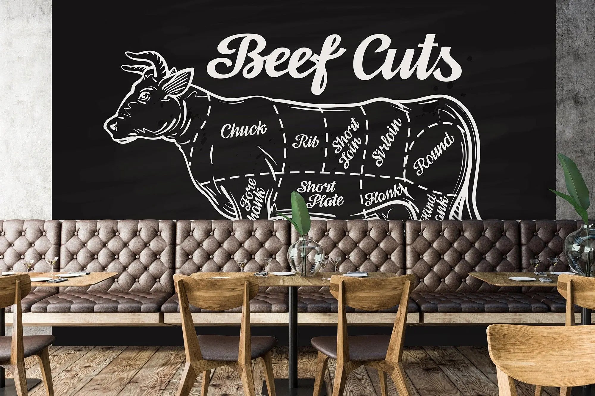 Billede 3 af Fototapet - Diagram af oksekødsudskæringer på sort baggrund