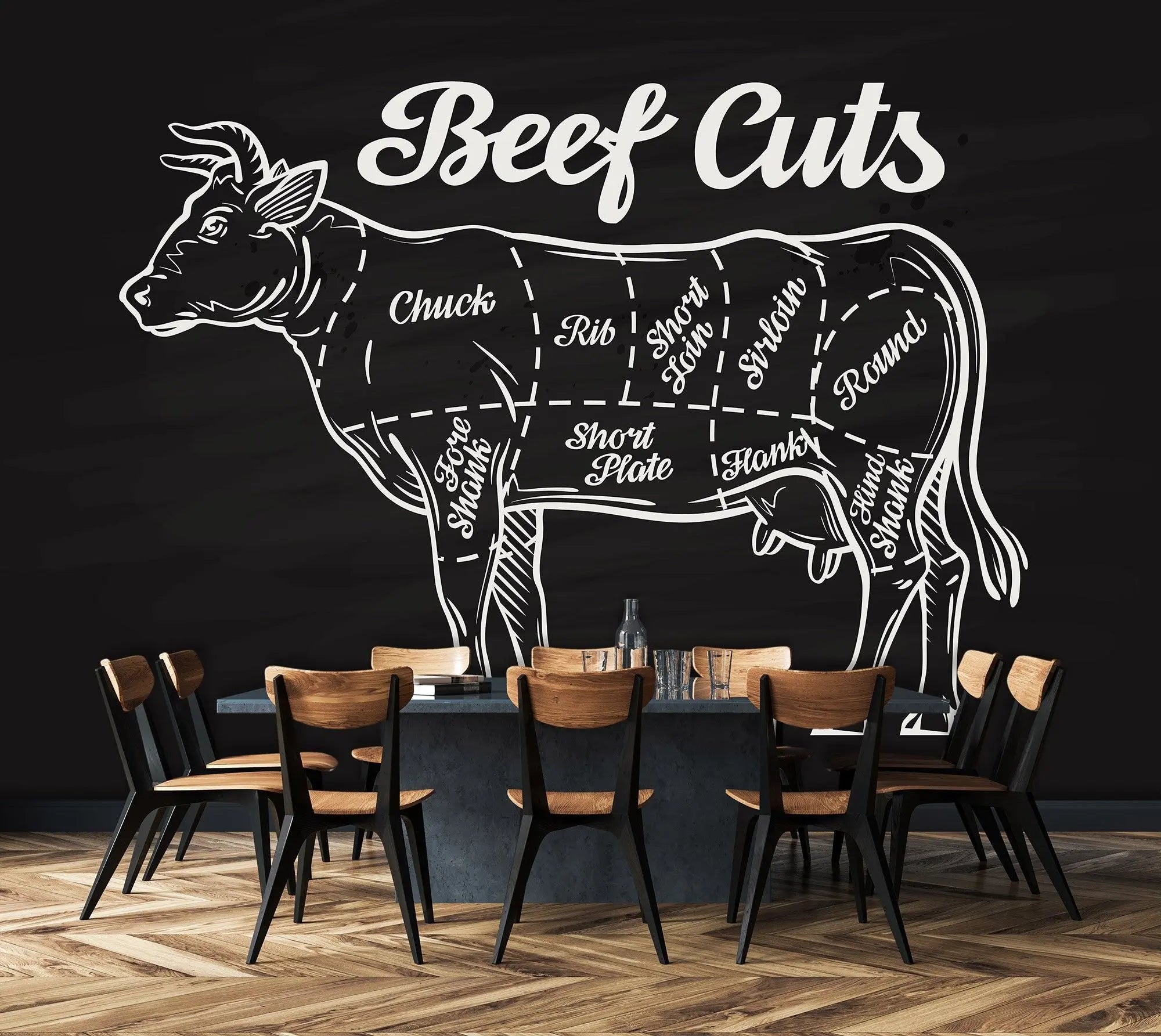 Billede 4 af Fototapet - Diagram af oksekødsudskæringer på sort baggrund