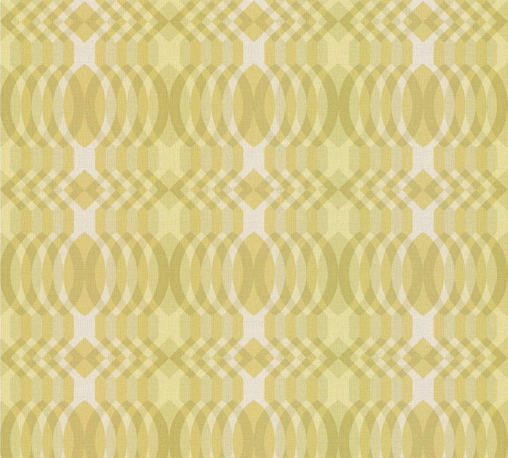 Billedet viser det detaljerede mønster af Diane - Celestial Yellow tapetet med geometriske former i gule nuancer.