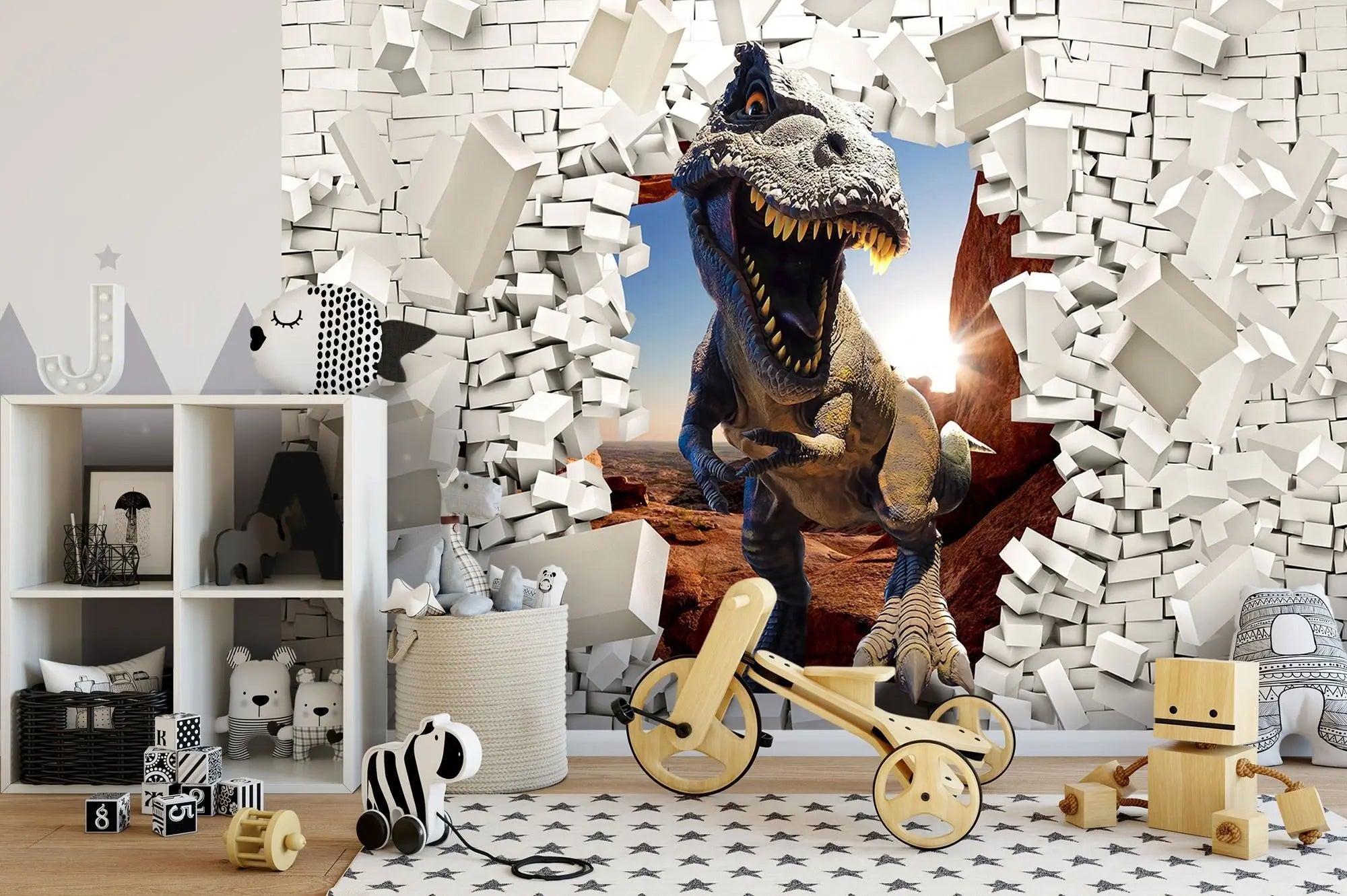 Billede 2 af Fototapet - Dinosaur bryder gennem hvid murstensvæg