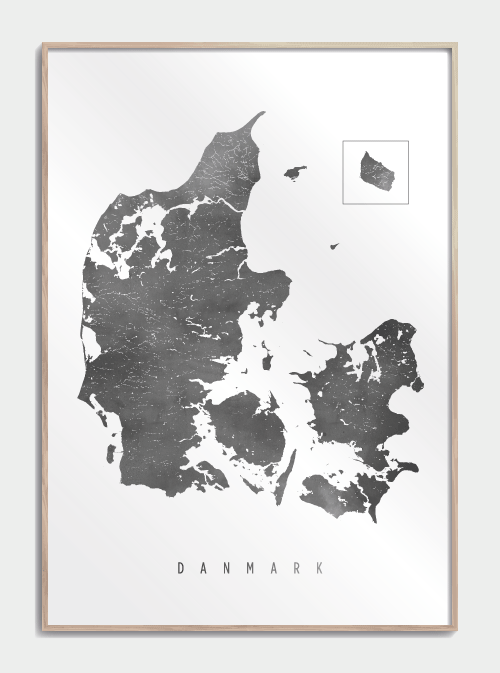 Danmarkskort mørk grå vandfarver 50 X 70cm. - Køb PLAKAT her!