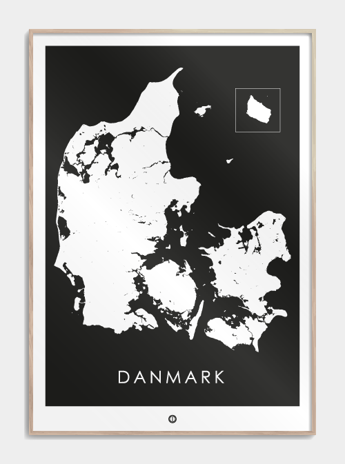 Danmarkskort sort-hvid 50 X 70cm. - Køb kort over Danmark her