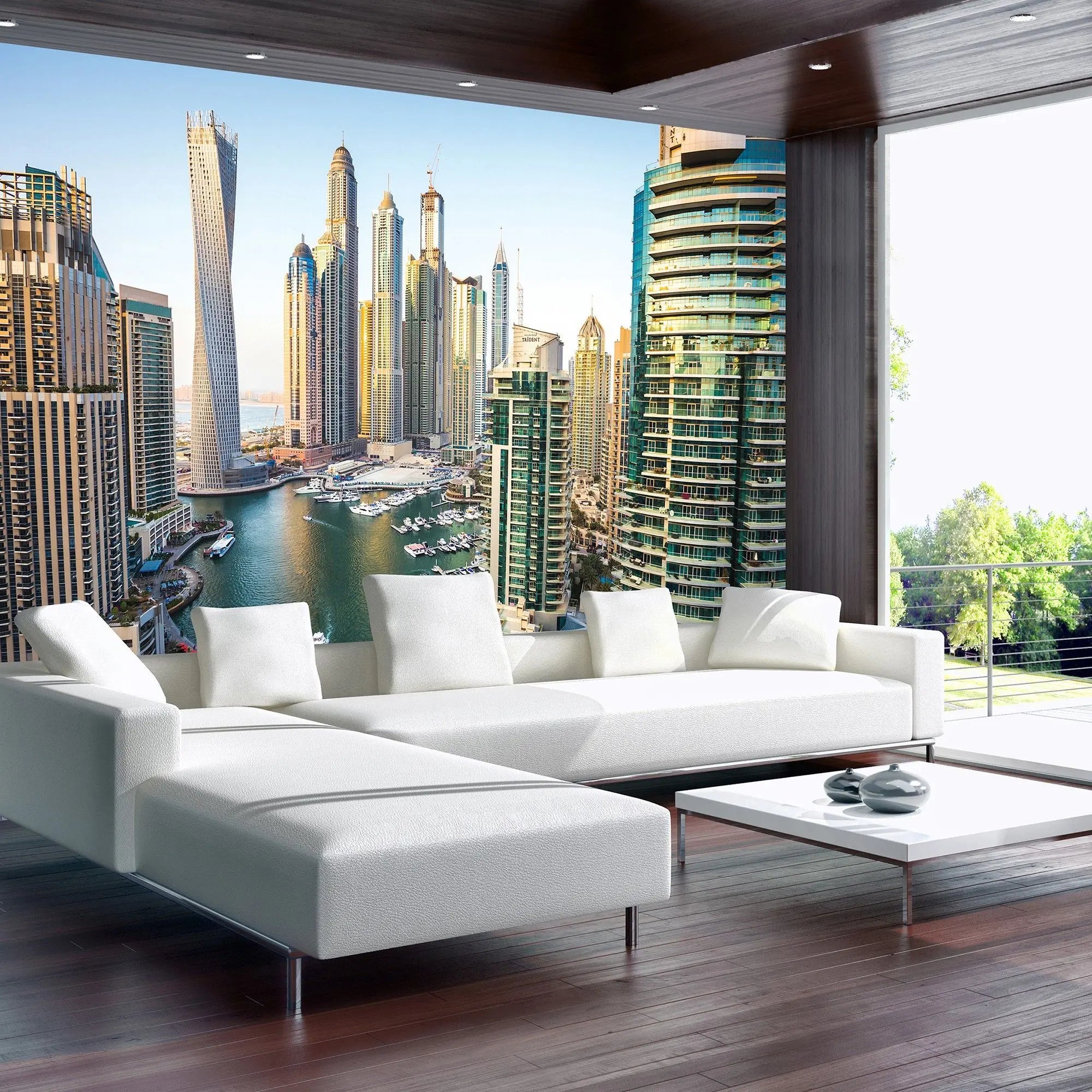 Billede 3 af Fototapet - Dubai Marina med moderne skyskrabere og både