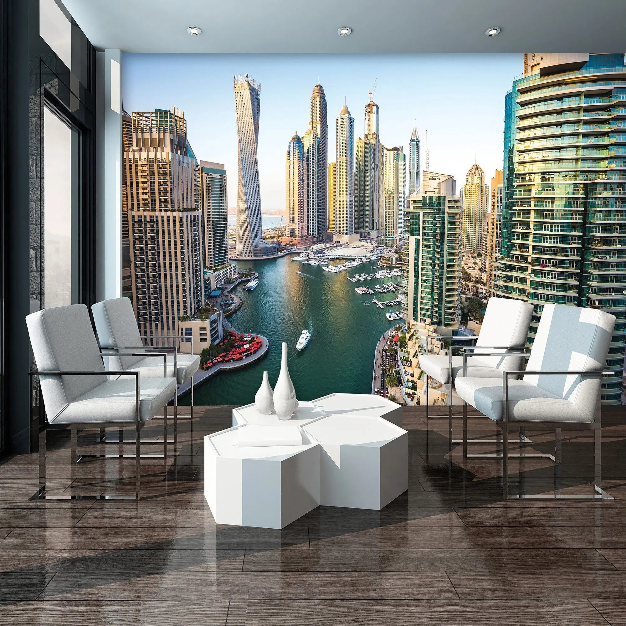 Billede 6 af Fototapet - Dubai Marina med moderne skyskrabere og både