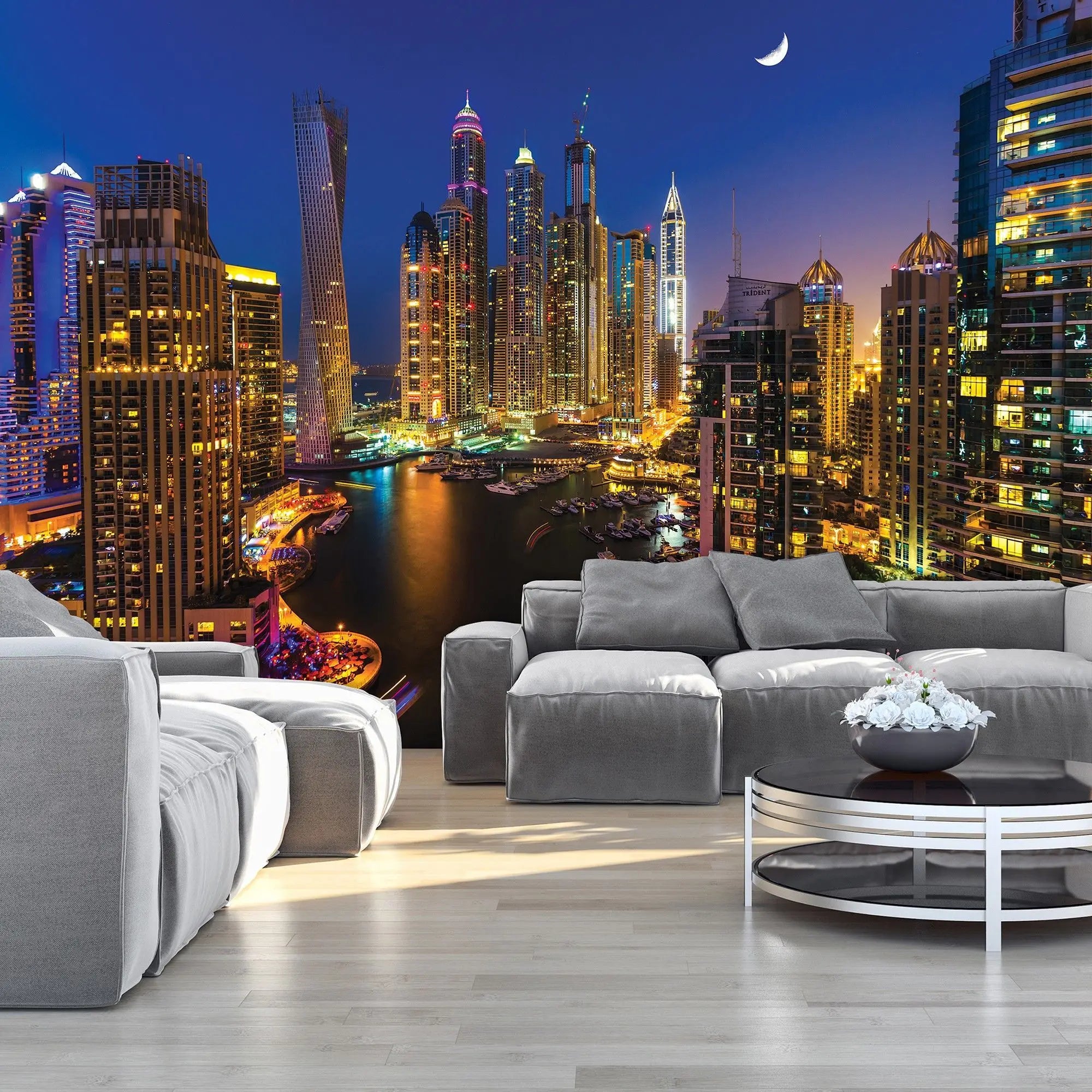 Billede 3 af Fototapet - Dubai Marina om natten med oplyste skyskrabere