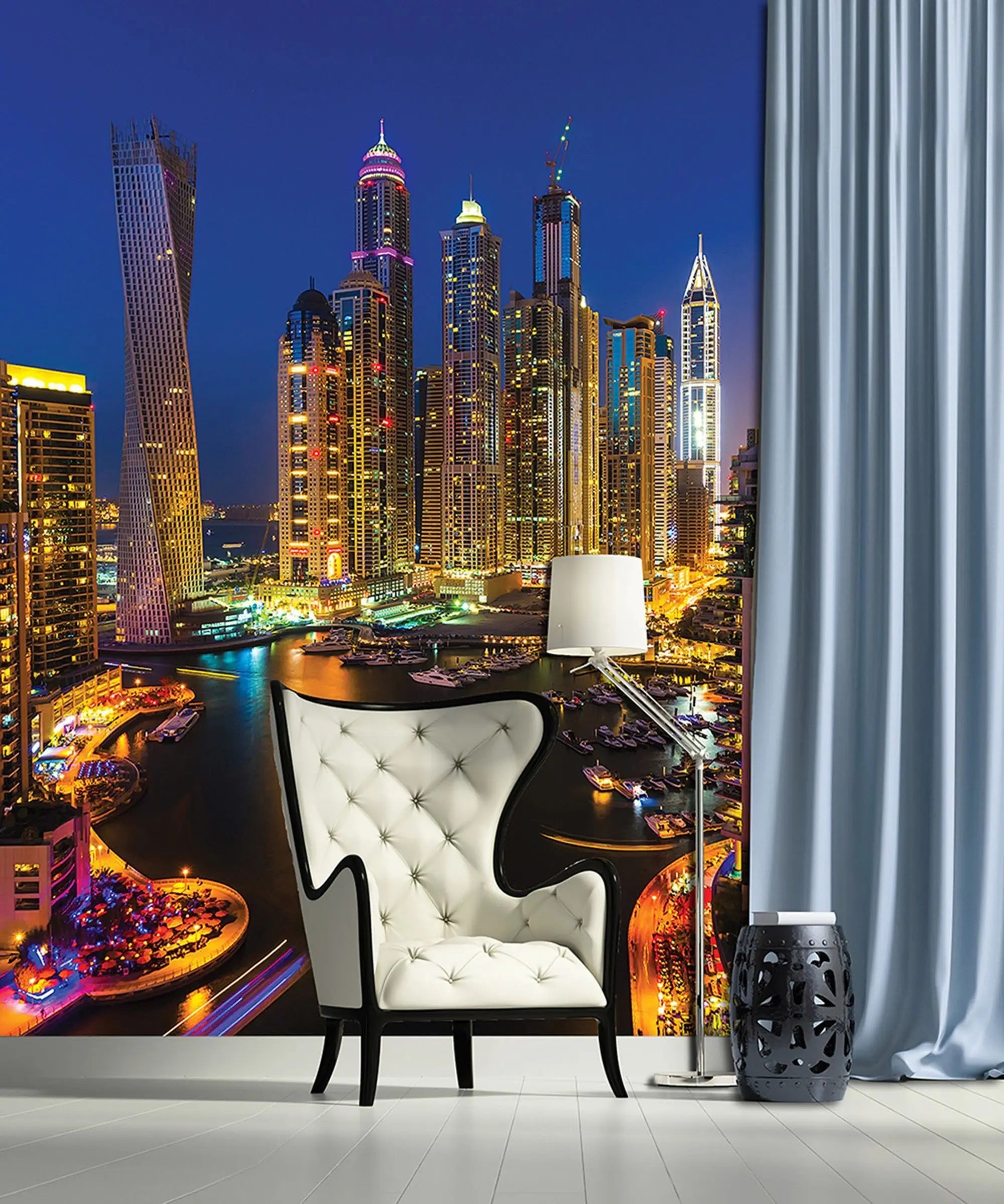 Billede 6 af Fototapet - Dubai Marina om natten med oplyste skyskrabere