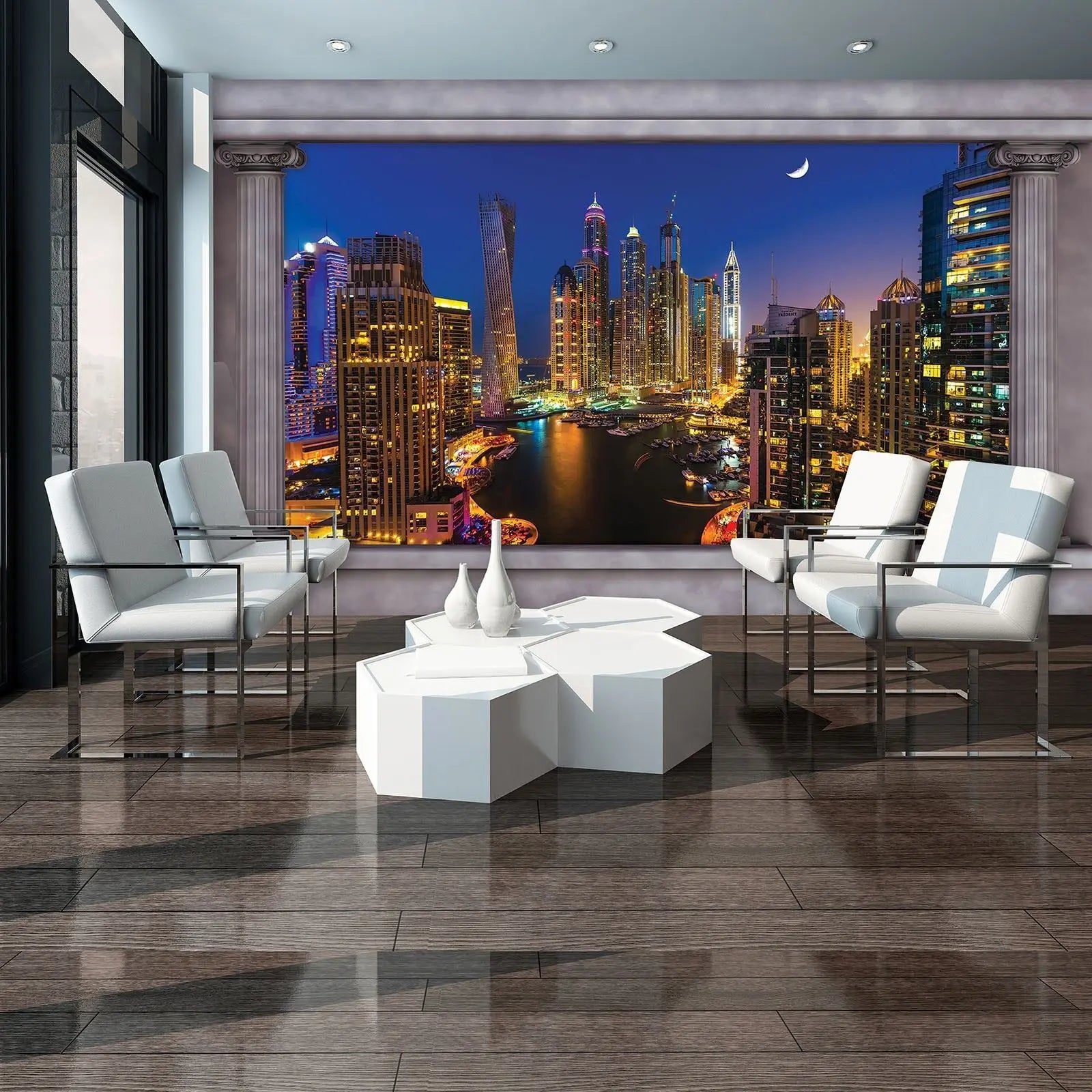 Billede 6 af Fototapet - Dubai Marina Skyline om natten med halvmåne