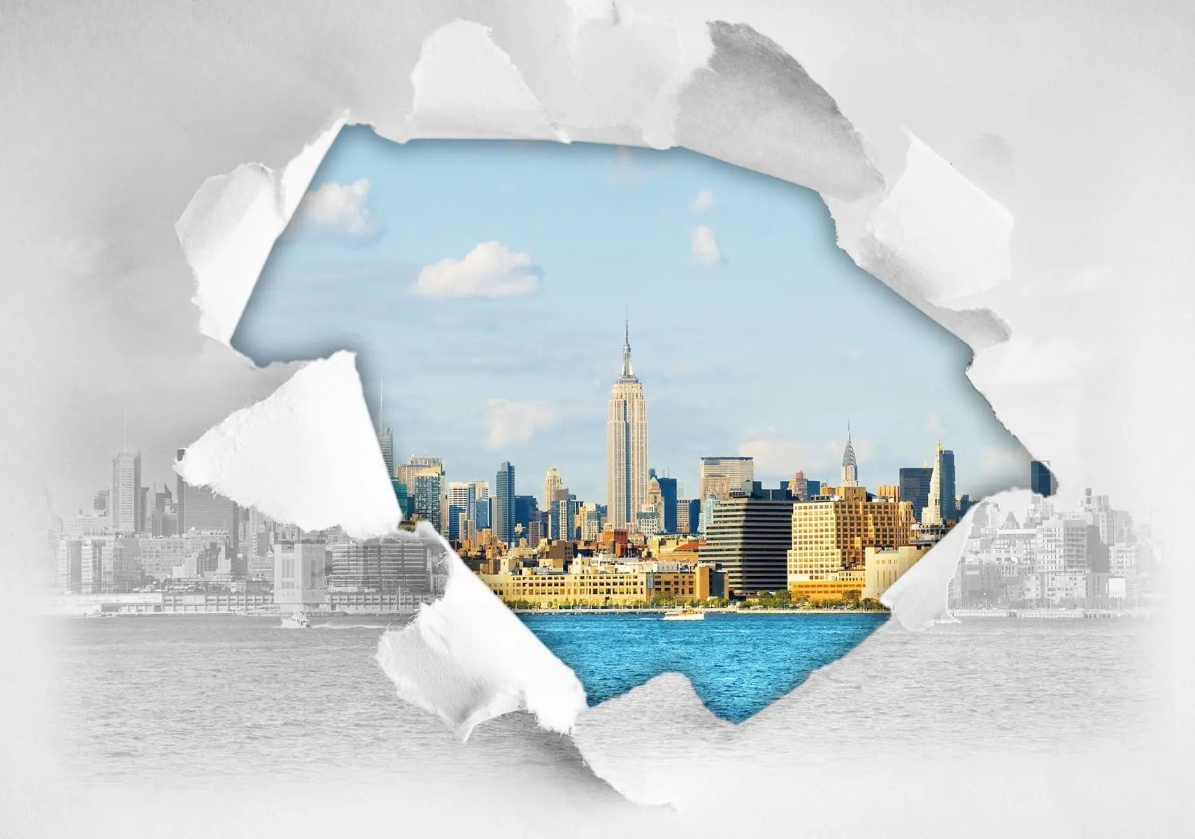 Billede 1 af Fototapet - Empire State Building revet papir med skyline af New York