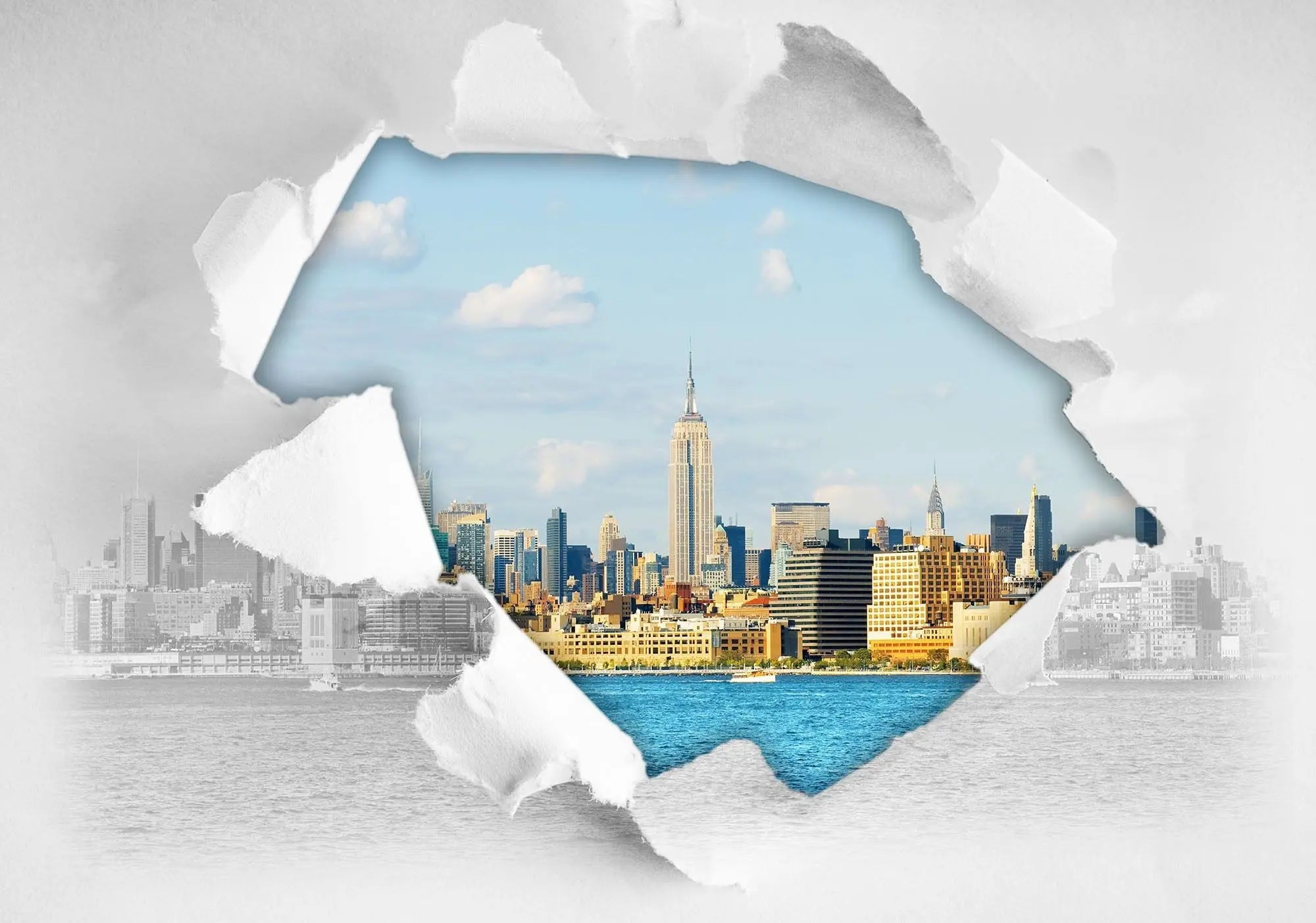 Billede 2 af Fototapet - Empire State Building revet papir med skyline af New York