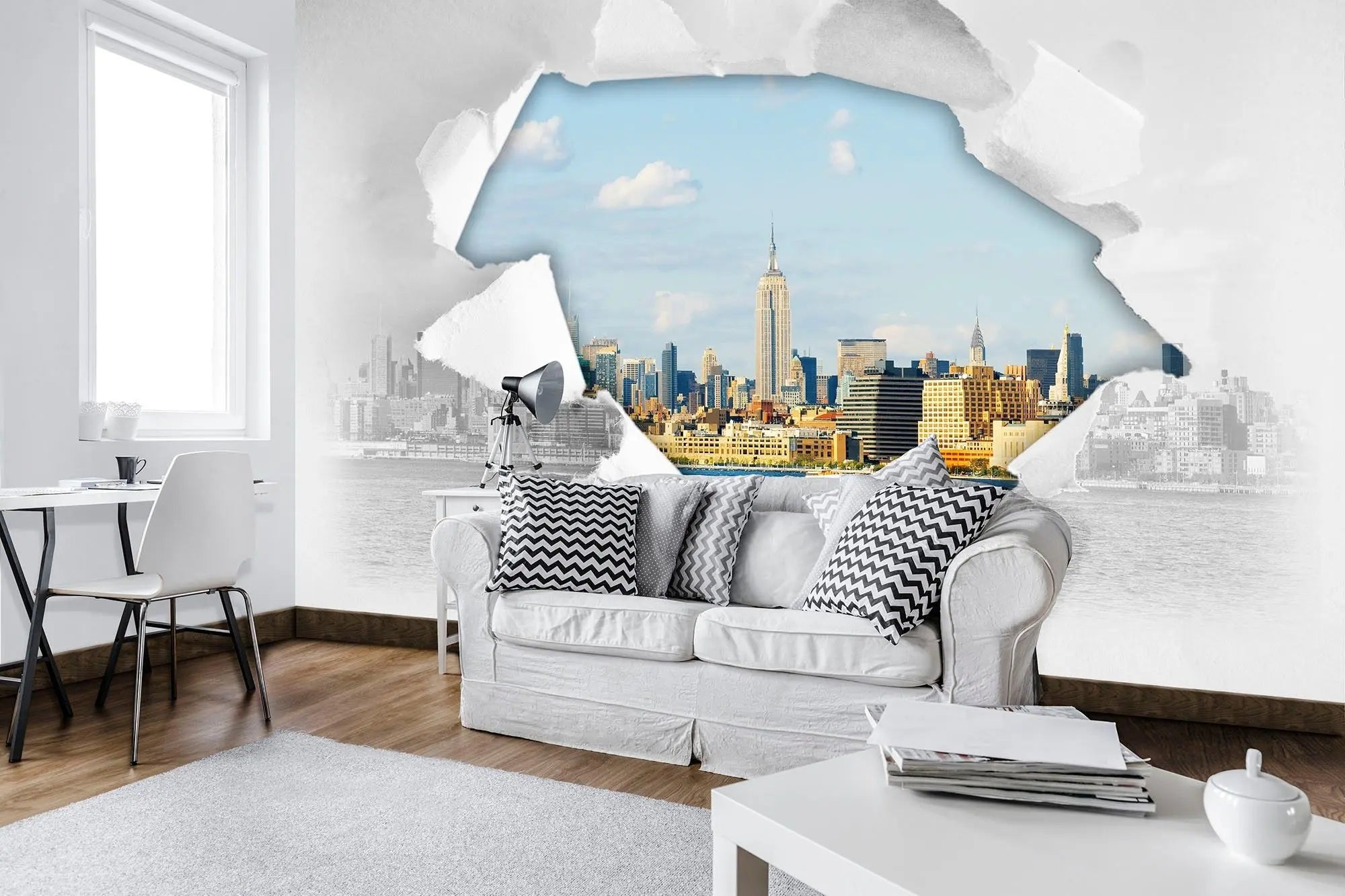 Billede 3 af Fototapet - Empire State Building revet papir med skyline af New York
