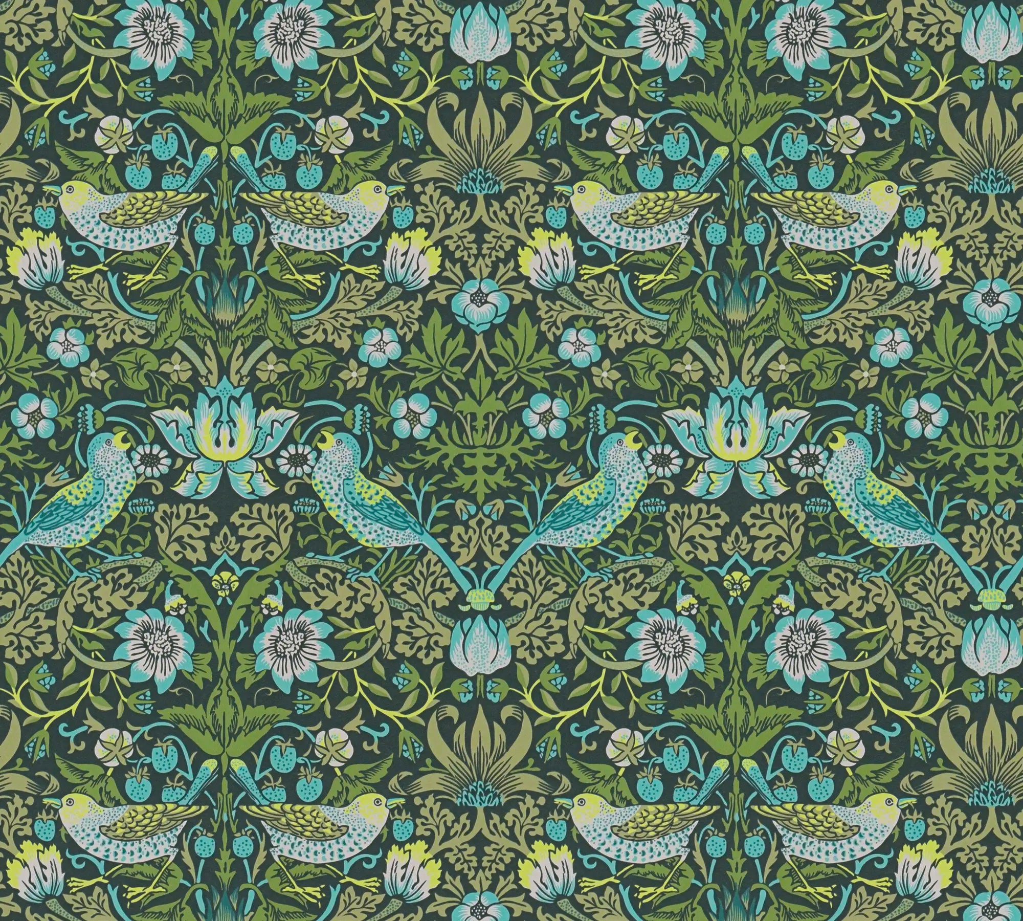 Detaljeret mønster af Enchanted Aviary - Verdant Serenity tapet med fugle og blomster i grønne nuancer på Nicetapet.dk.