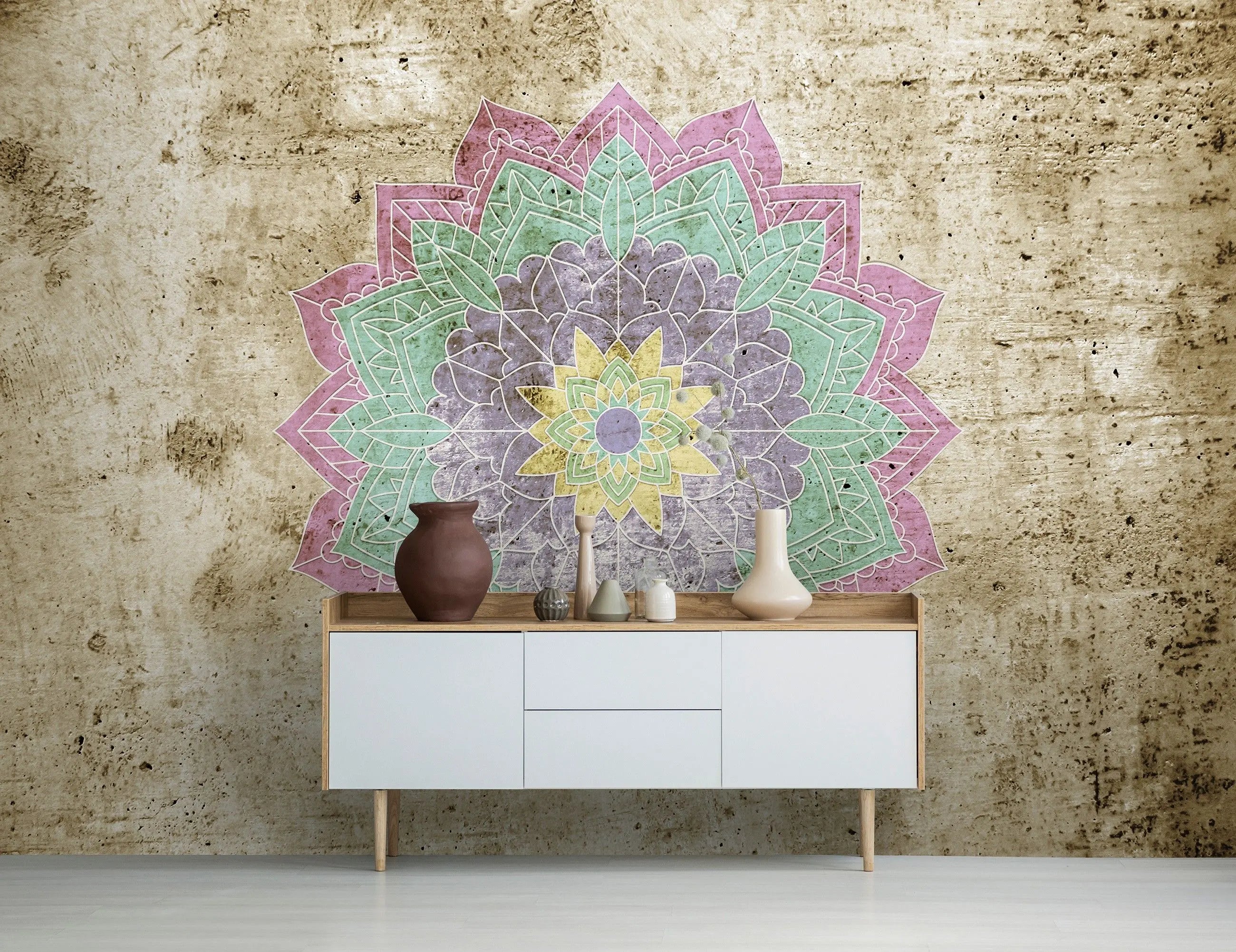 Billede 4 af Fototapet - Farverig mandala på gammel beige baggrund