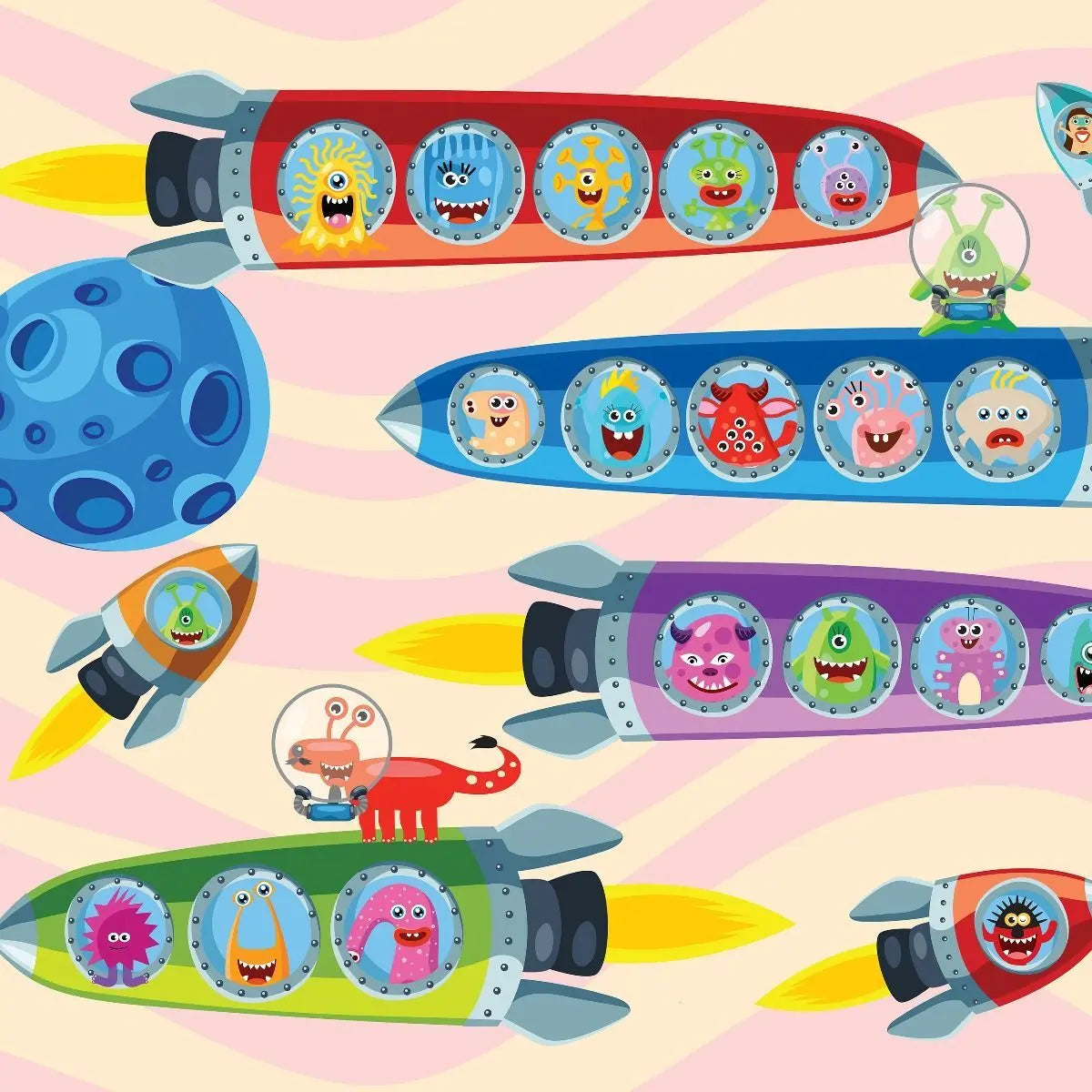 Billede 7 af Fototapet - Farverige raketter med sjove monstre i rummet