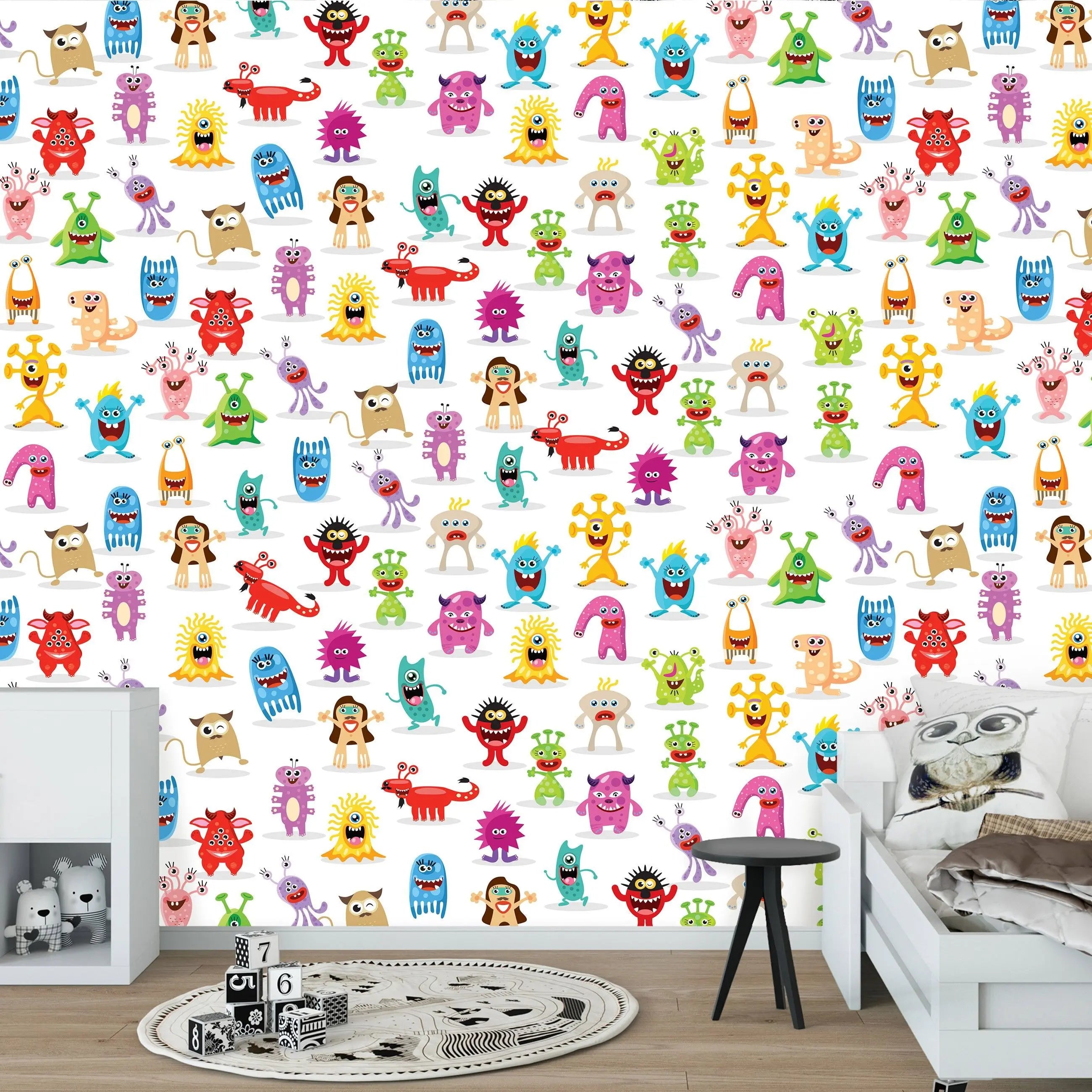 Billede 8 af Fototapet - Farverige tegneseriemonstre på hvid baggrund