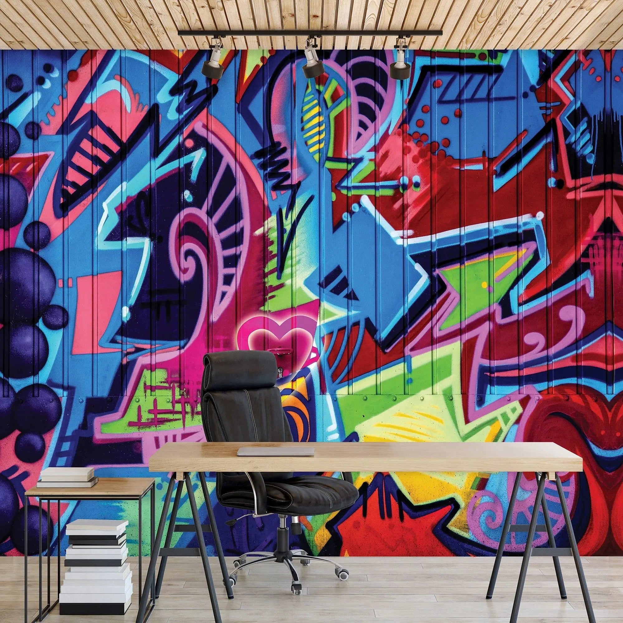 Billede 4 af Fototapet - Farverigt abstrakt graffiti med geometriske former og hjerte