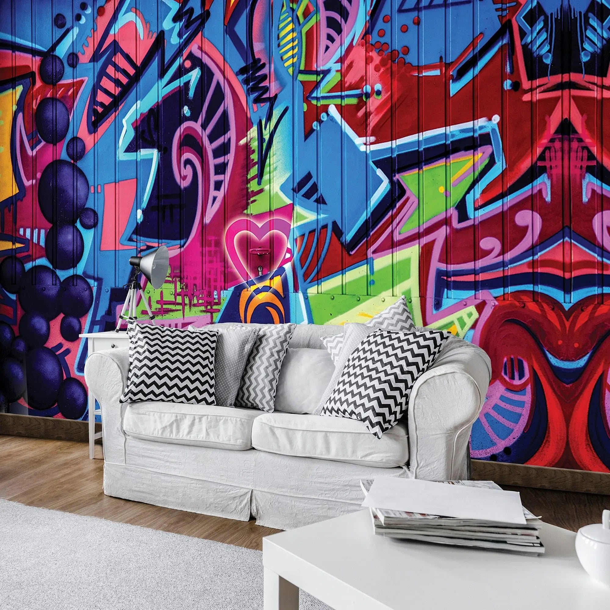 Billede 5 af Fototapet - Farverigt abstrakt graffiti med geometriske former og hjerte