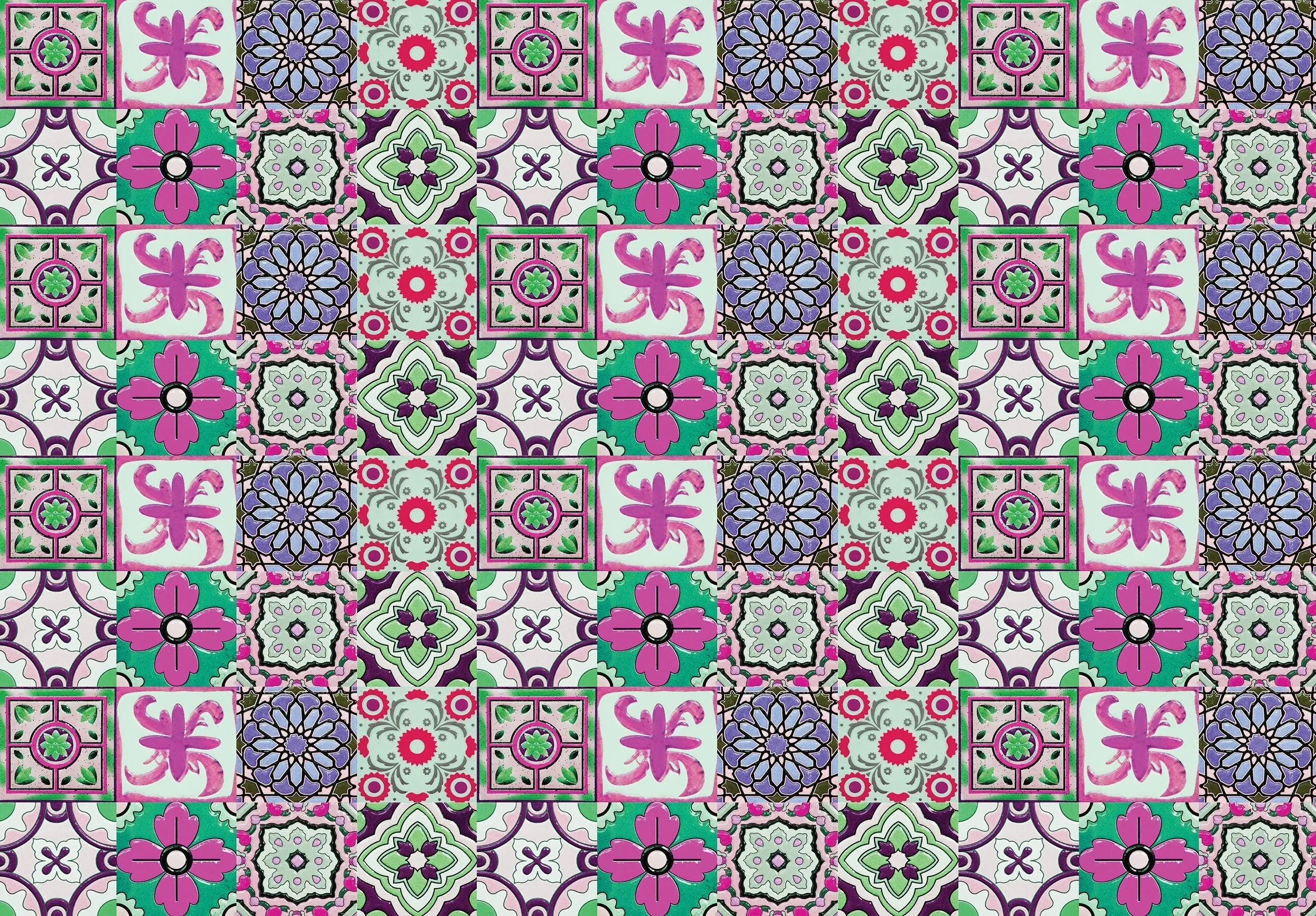 Billede 8 af Fototapet - Farverigt geometrisk mønster med blomster