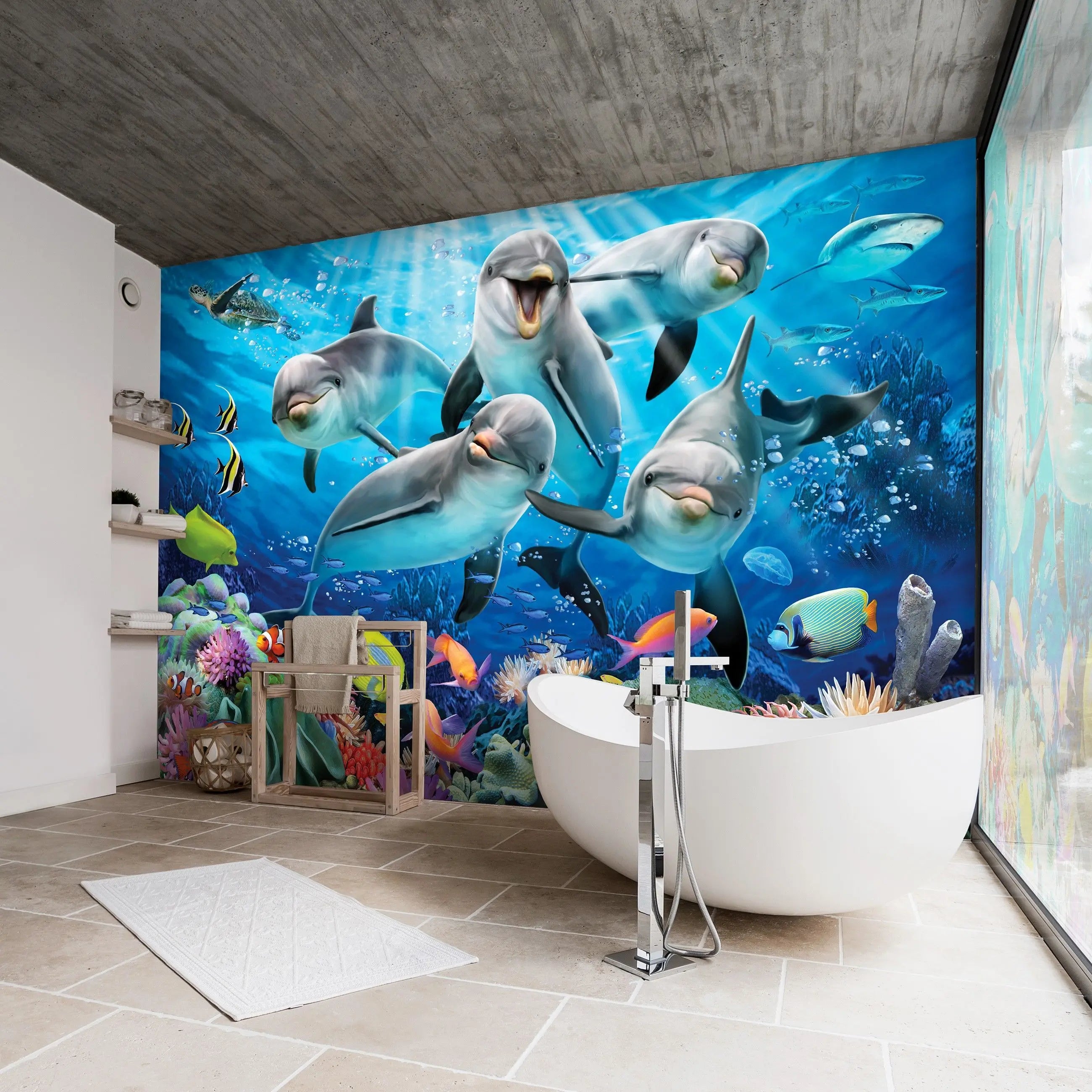 Billede 7 af Fototapet - Fem glade delfiner og farverige tropiske fisk i koralrevet