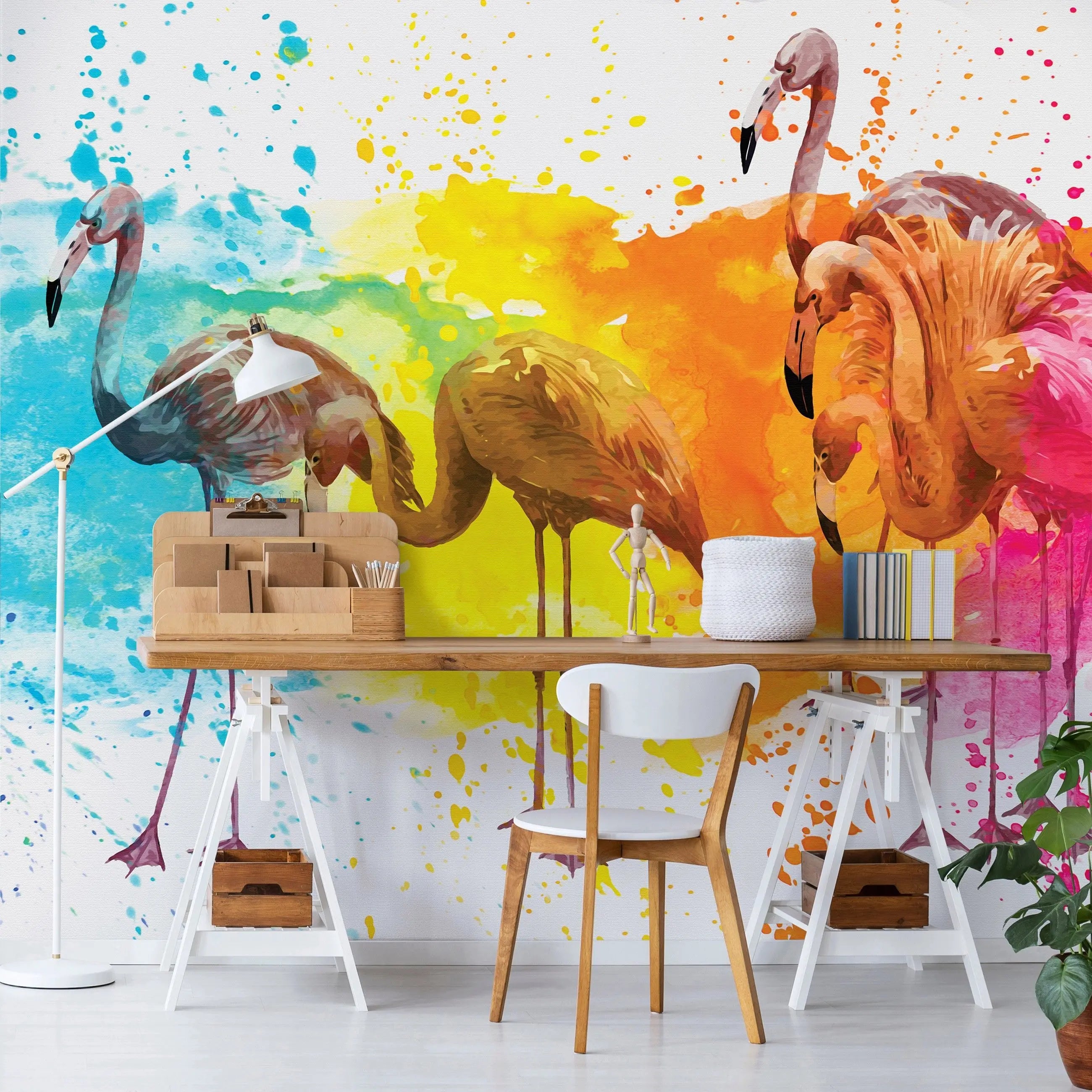 Billede 12 af Fototapet - Flamingoer med farverige malingpletter i blå, gul, orange og pink