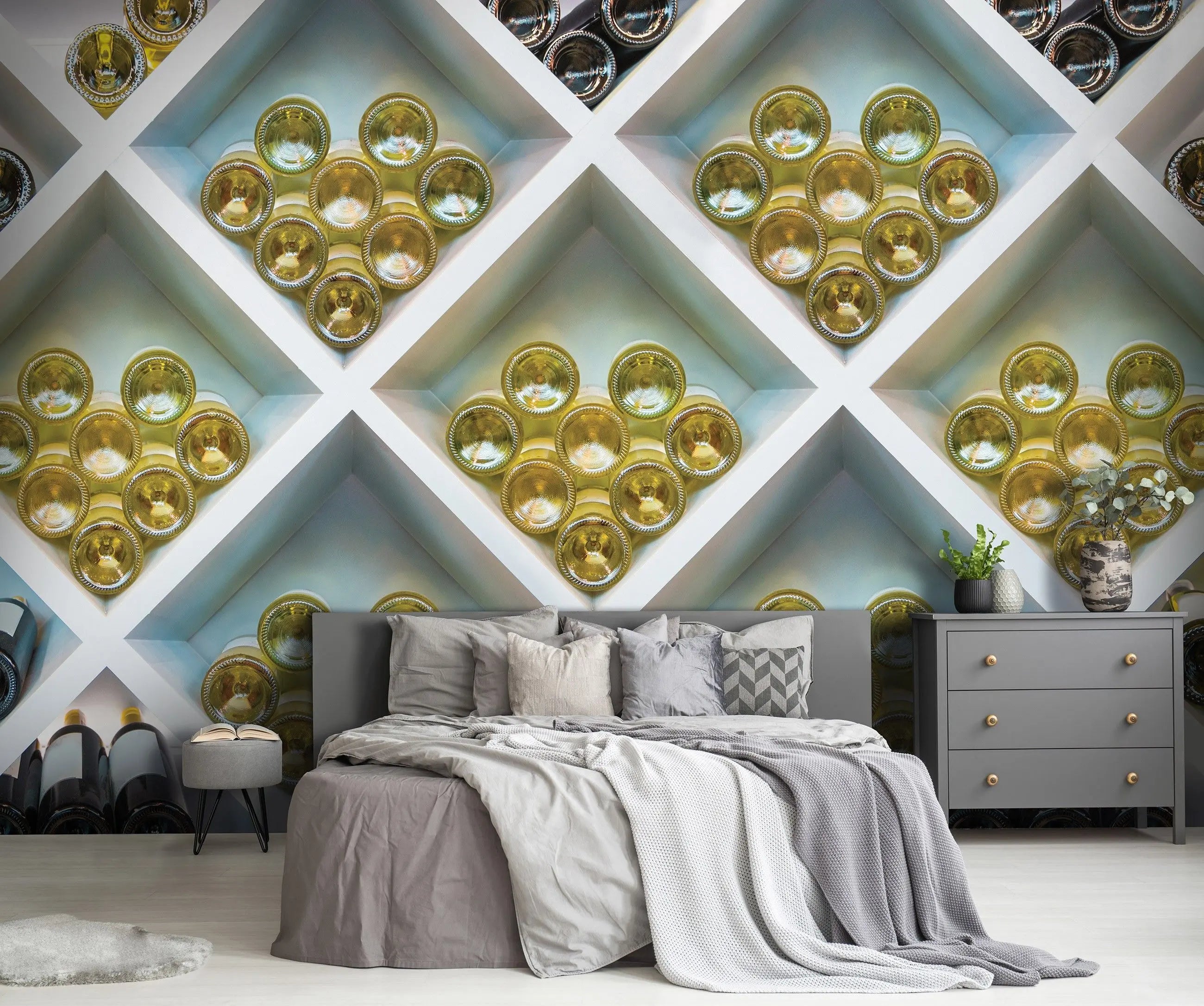 Billede 10 af Fototapet - Flasker af champagne og rødvin i hvid træhylde